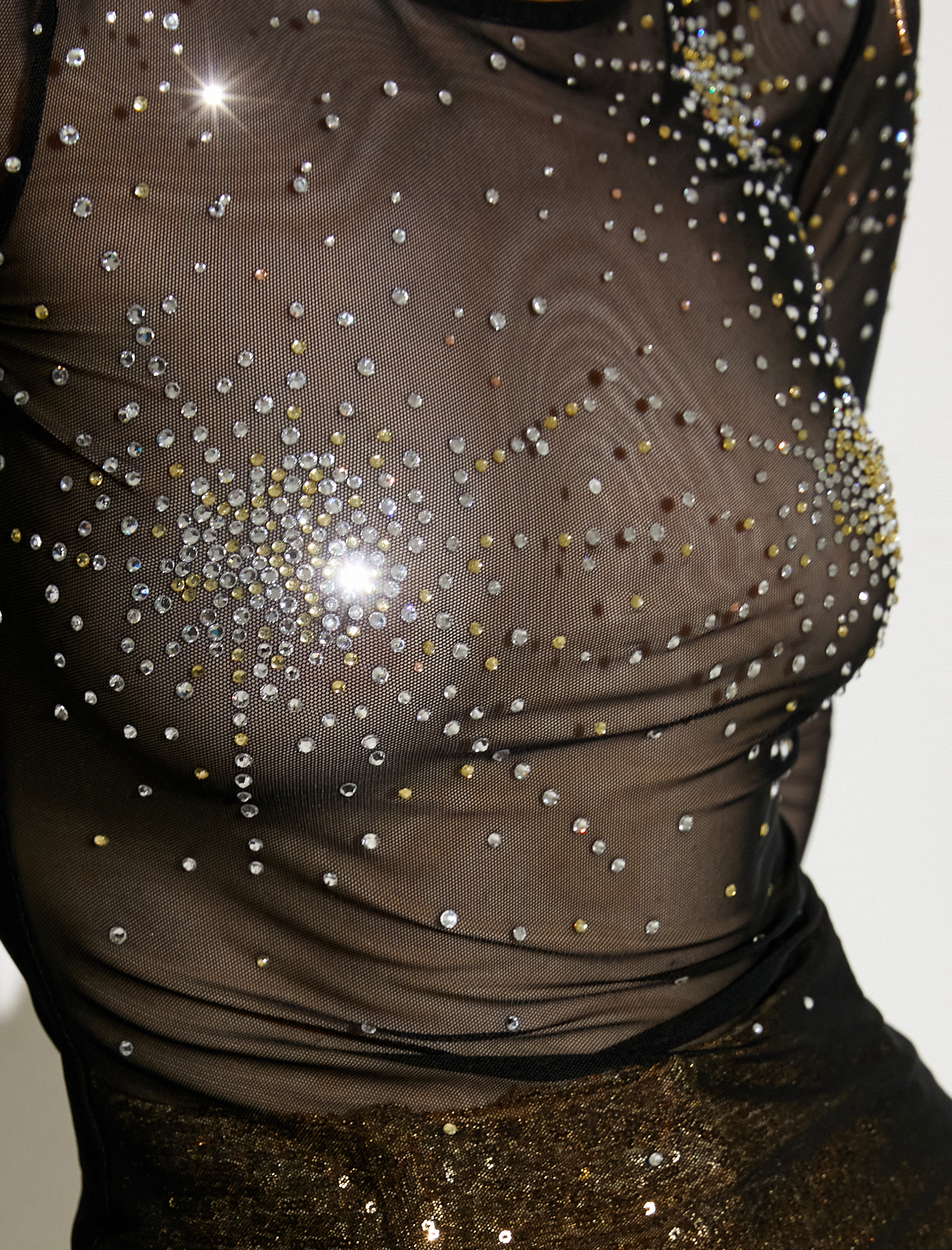   Tül Abiye Bluz Taşlı Uzun Kollu Dar Kesim