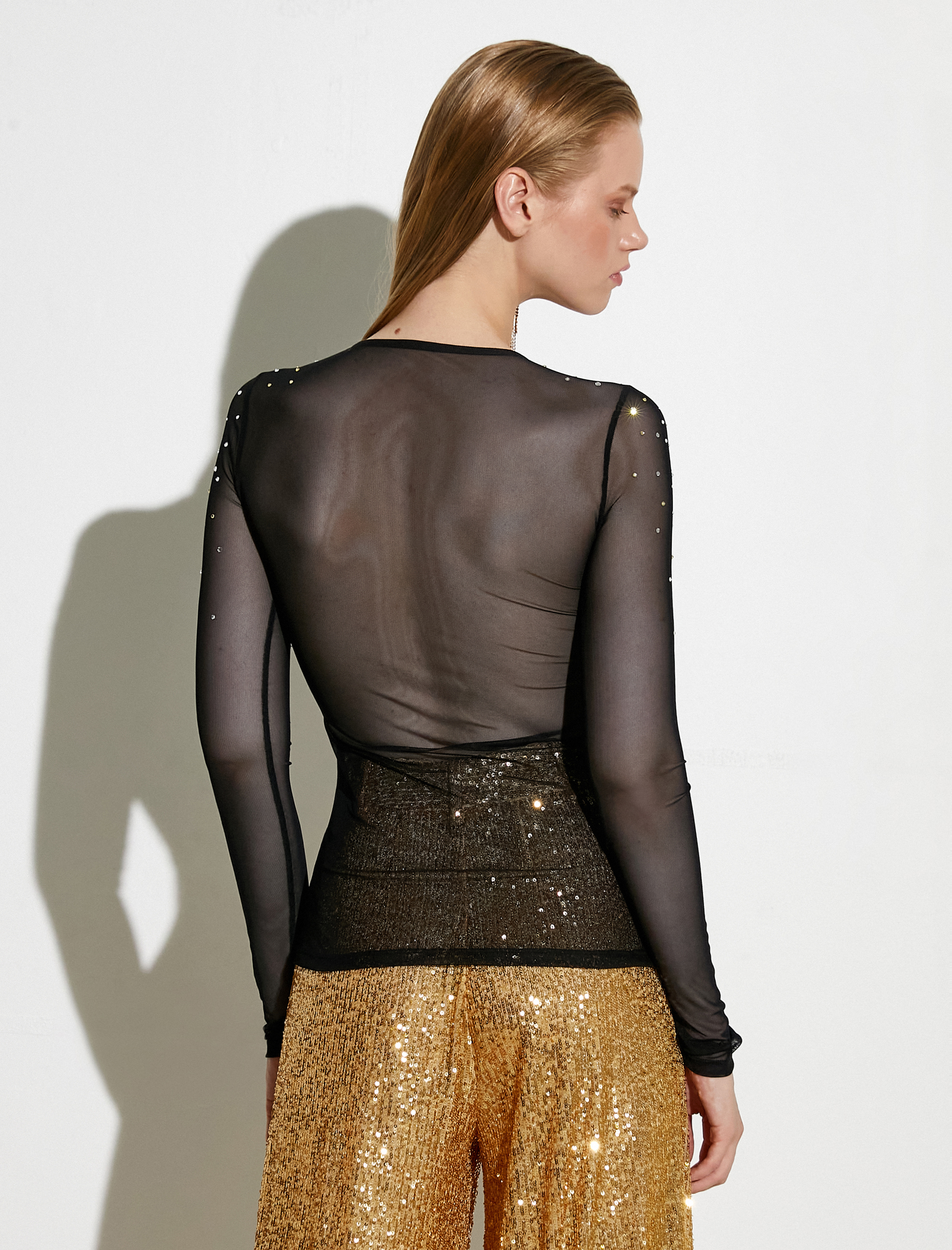   Tül Abiye Bluz Taşlı Uzun Kollu Dar Kesim