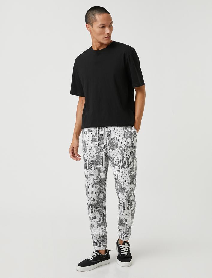  Şal Desenli Eşofman Altı Beli Bağcıklı Cep Detaylı