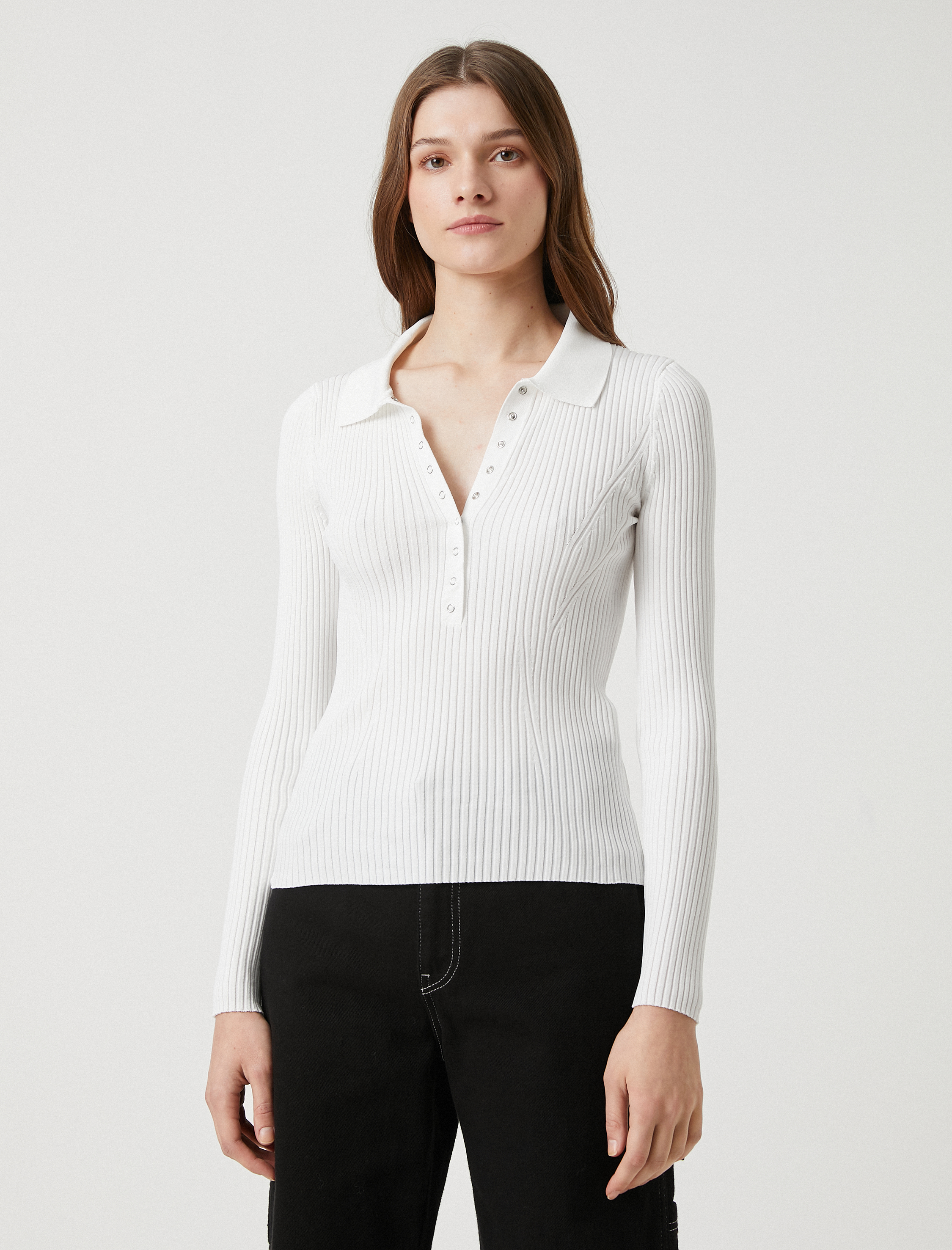   Polo Yaka Triko Kazak Ribanalı Çıtçıtlı Dar Kesim