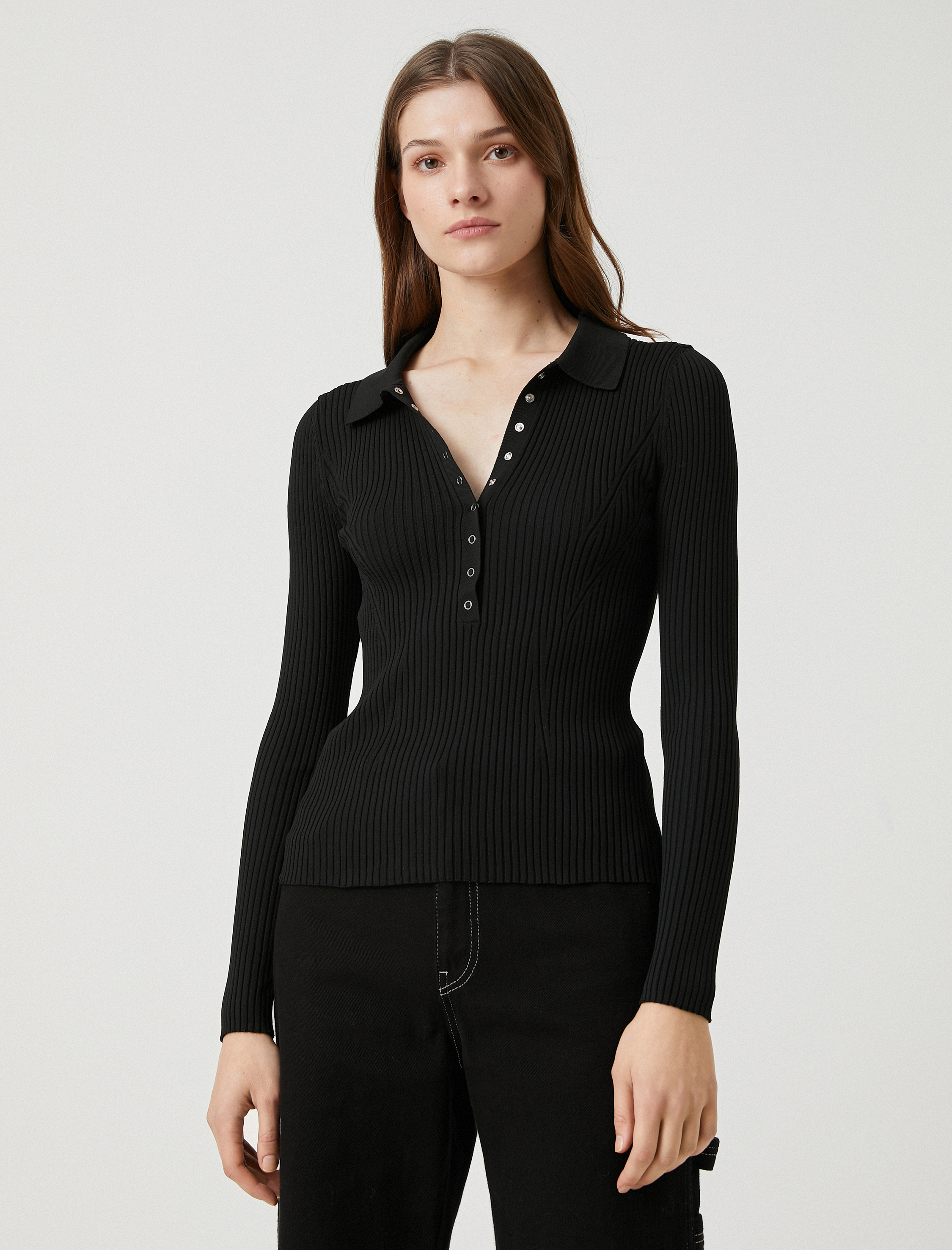   Polo Yaka Triko Kazak Ribanalı Çıtçıtlı Dar Kesim