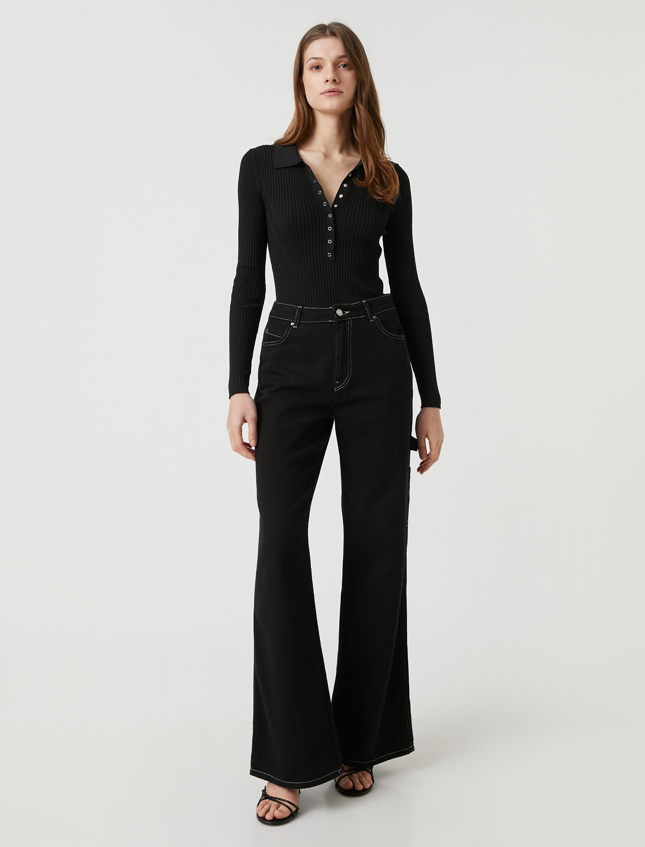   Polo Yaka Triko Kazak Ribanalı Çıtçıtlı Dar Kesim