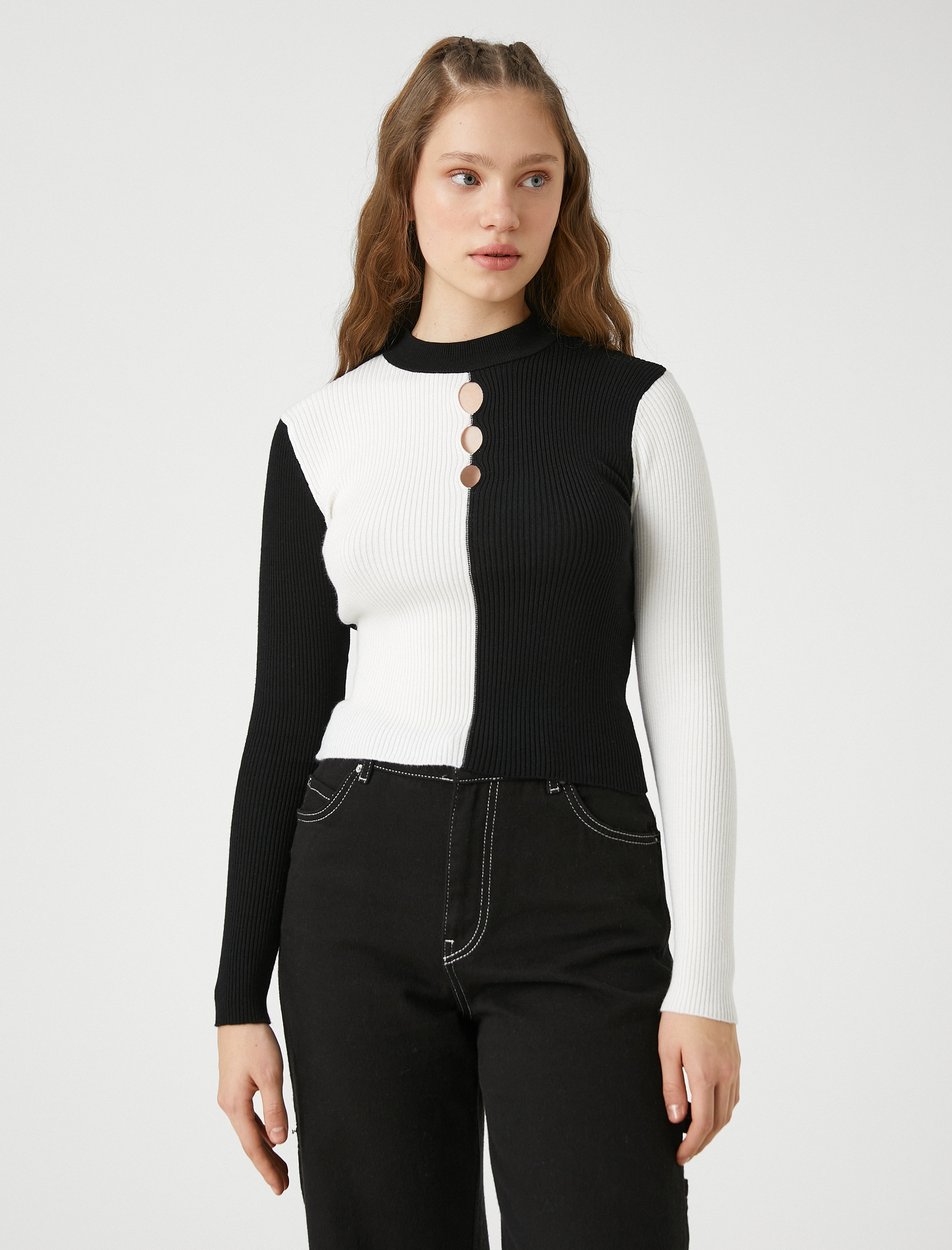   Triko Kazak Pencere Detaylı Renk Bloklu Uzun Kollu