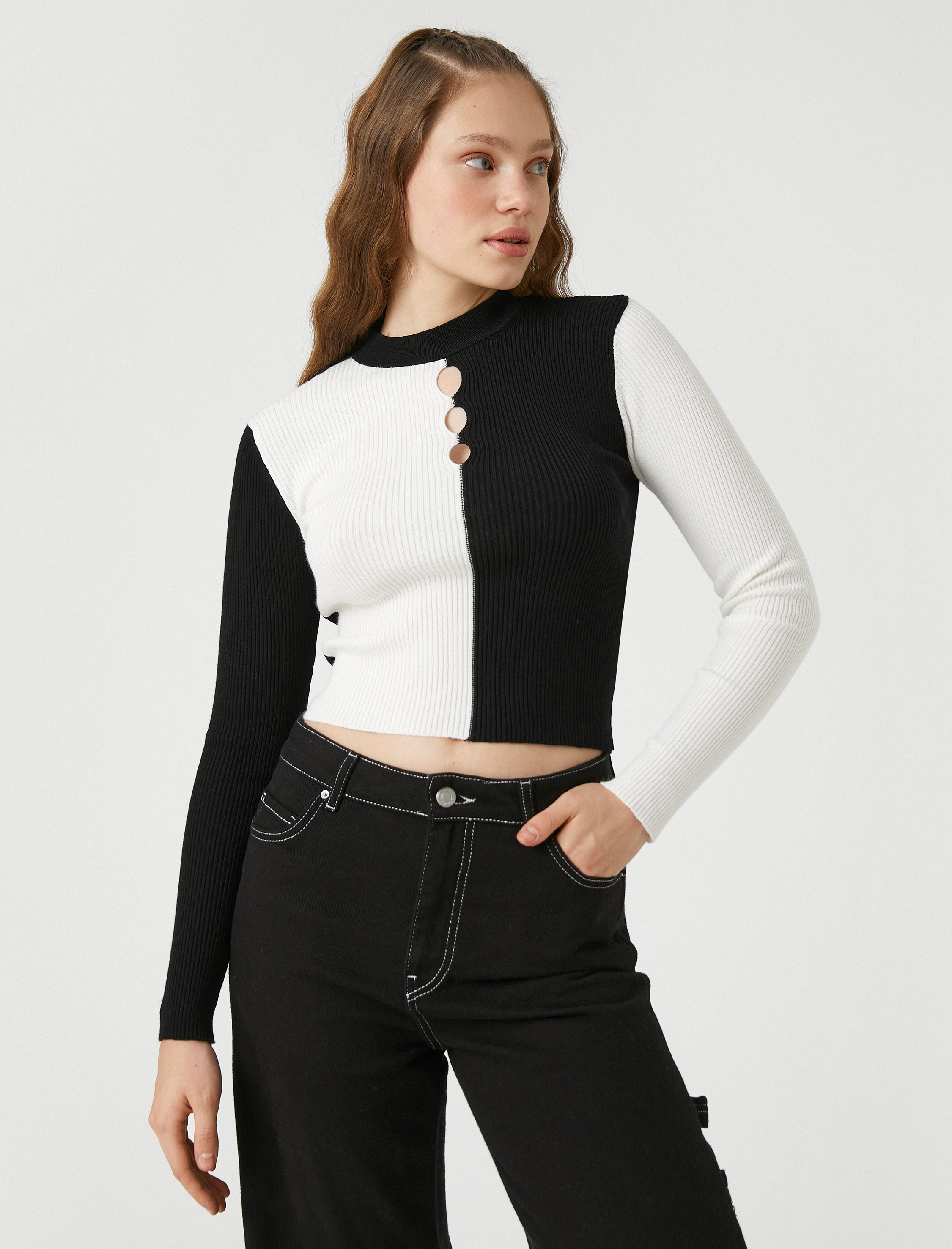   Triko Kazak Pencere Detaylı Renk Bloklu Uzun Kollu