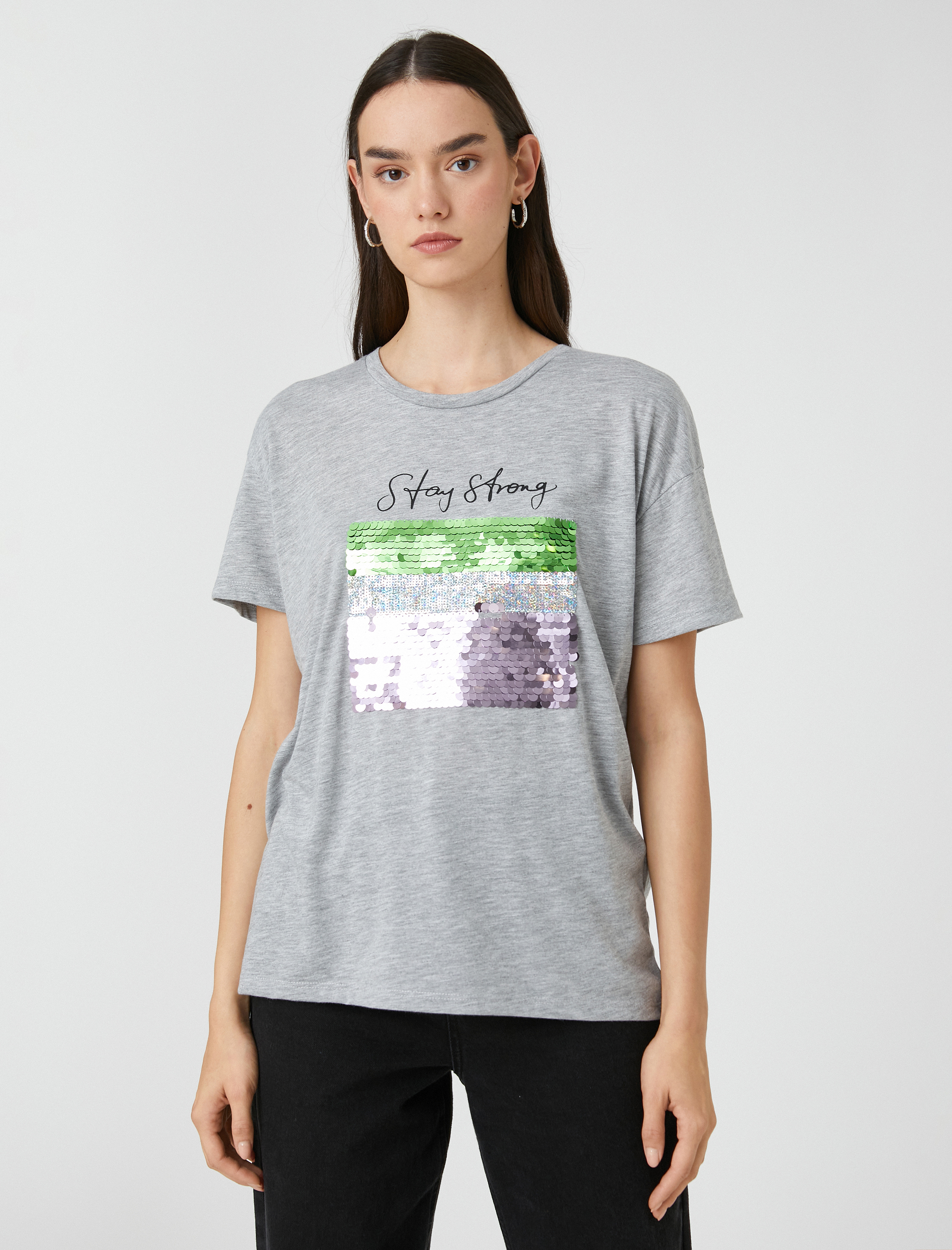   Payetli Yazı Baskılı Tişört Bisiklet Yaka Kısa Kollu