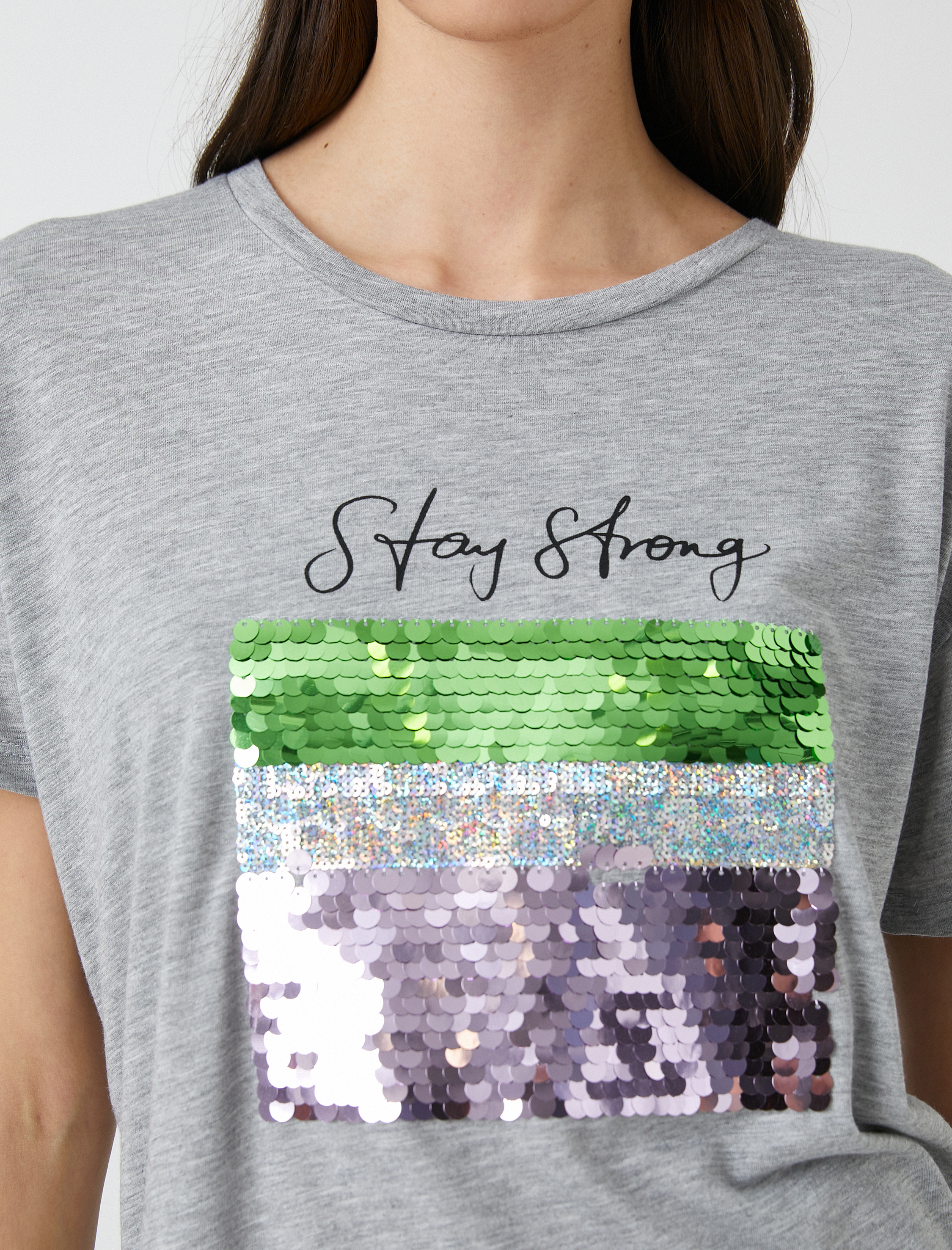   Payetli Yazı Baskılı Tişört Bisiklet Yaka Kısa Kollu