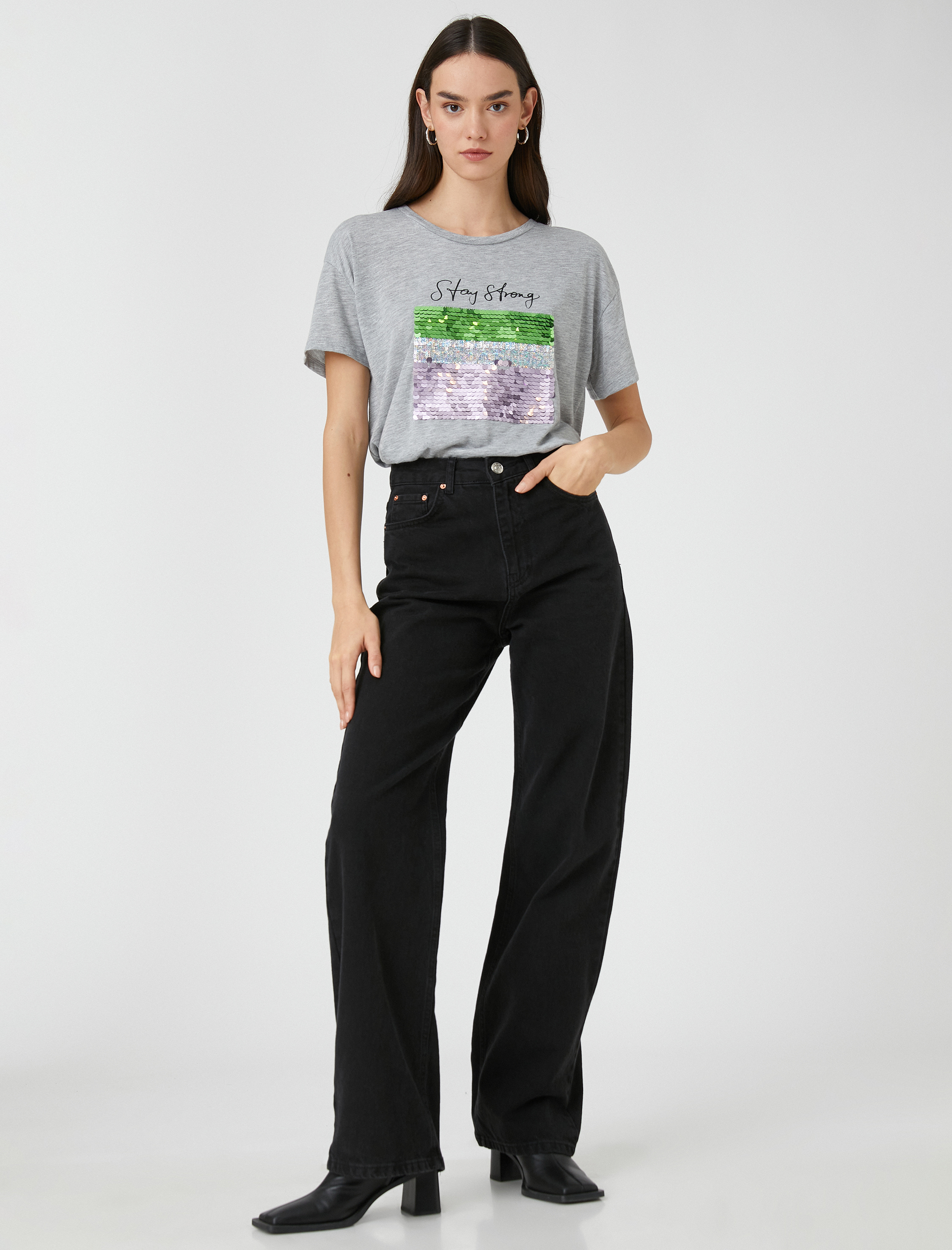   Payetli Yazı Baskılı Tişört Bisiklet Yaka Kısa Kollu