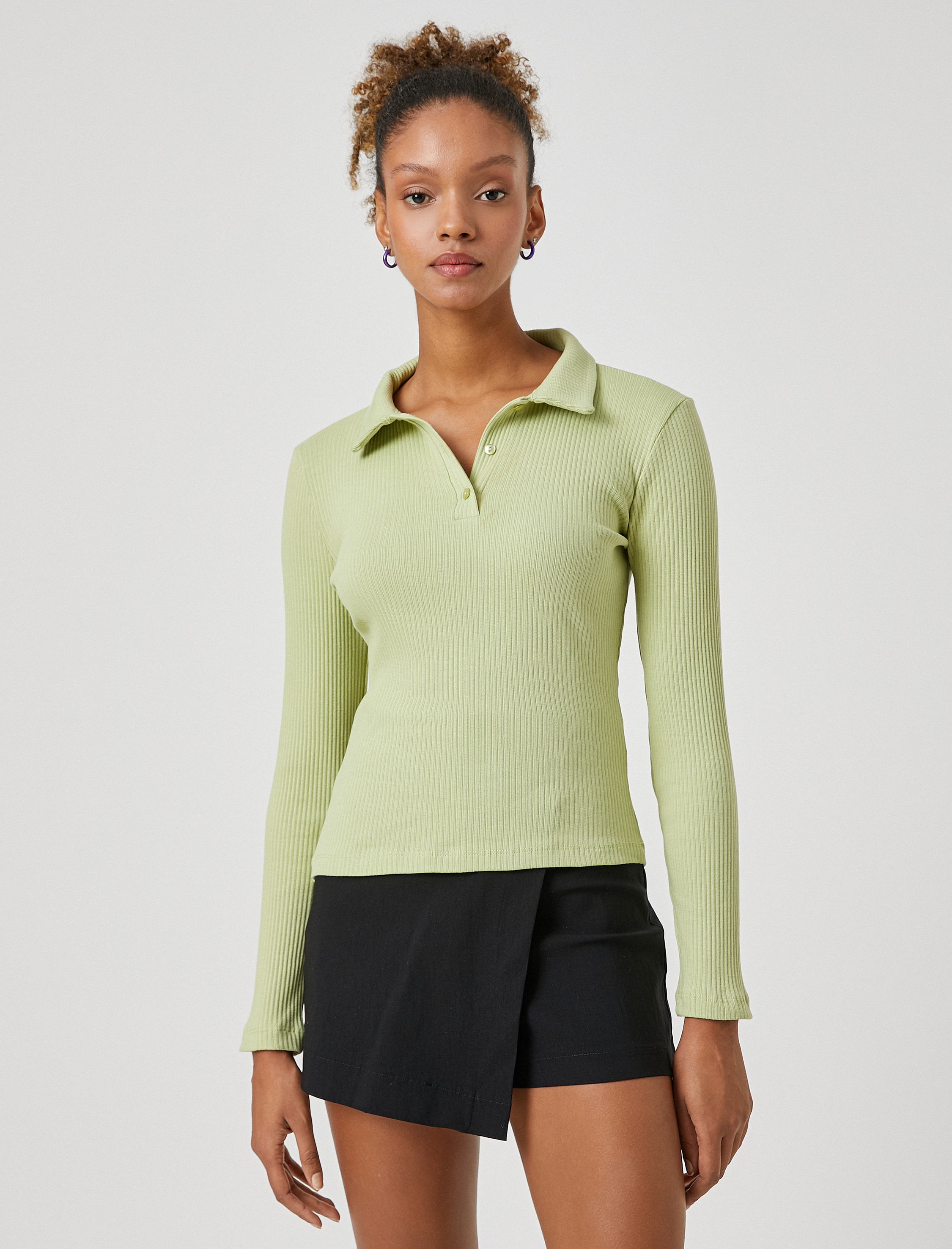   Uzun Kollu Tişört Polo Yaka Fitilli Düğme Detaylı Basic