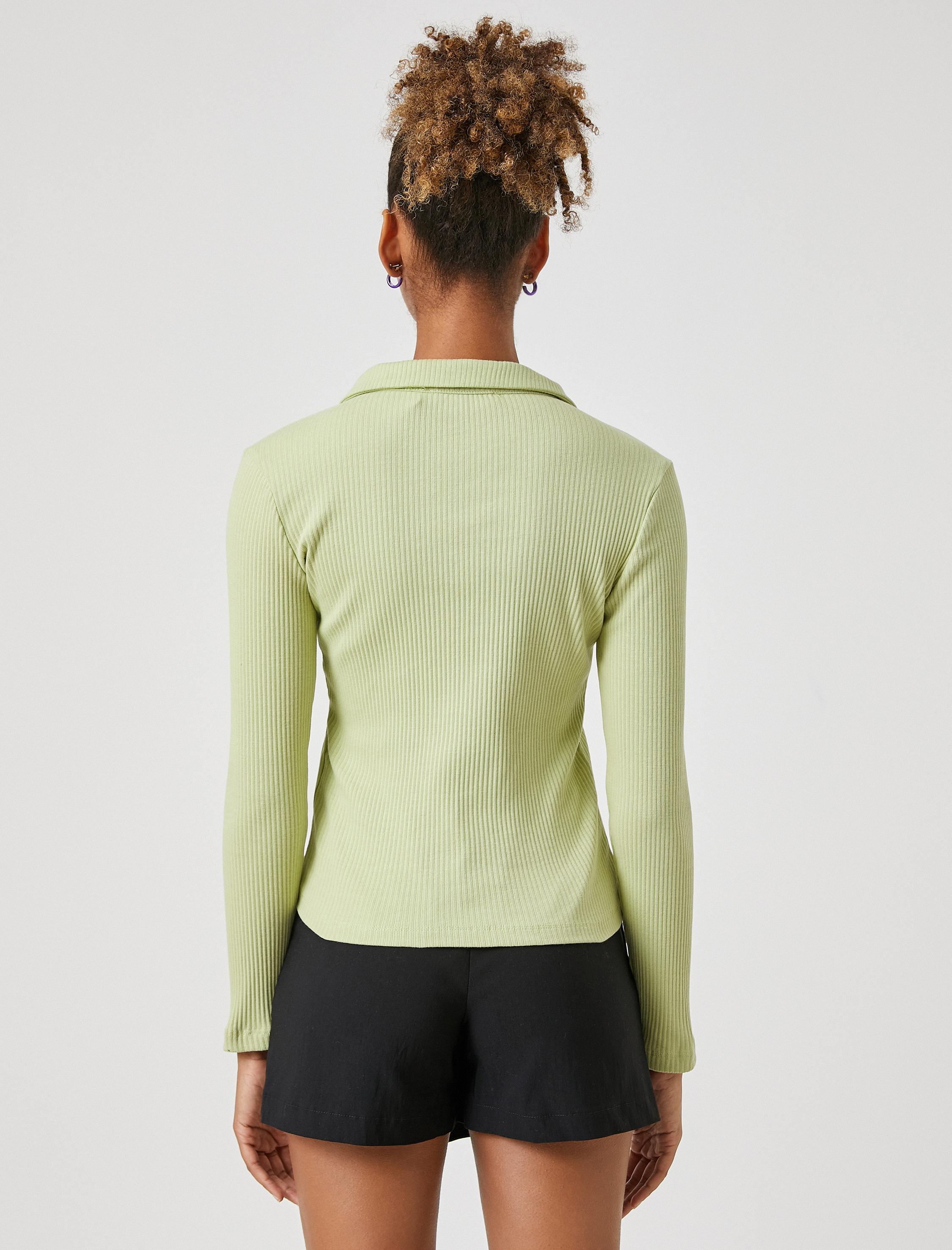   Uzun Kollu Tişört Polo Yaka Fitilli Düğme Detaylı Basic