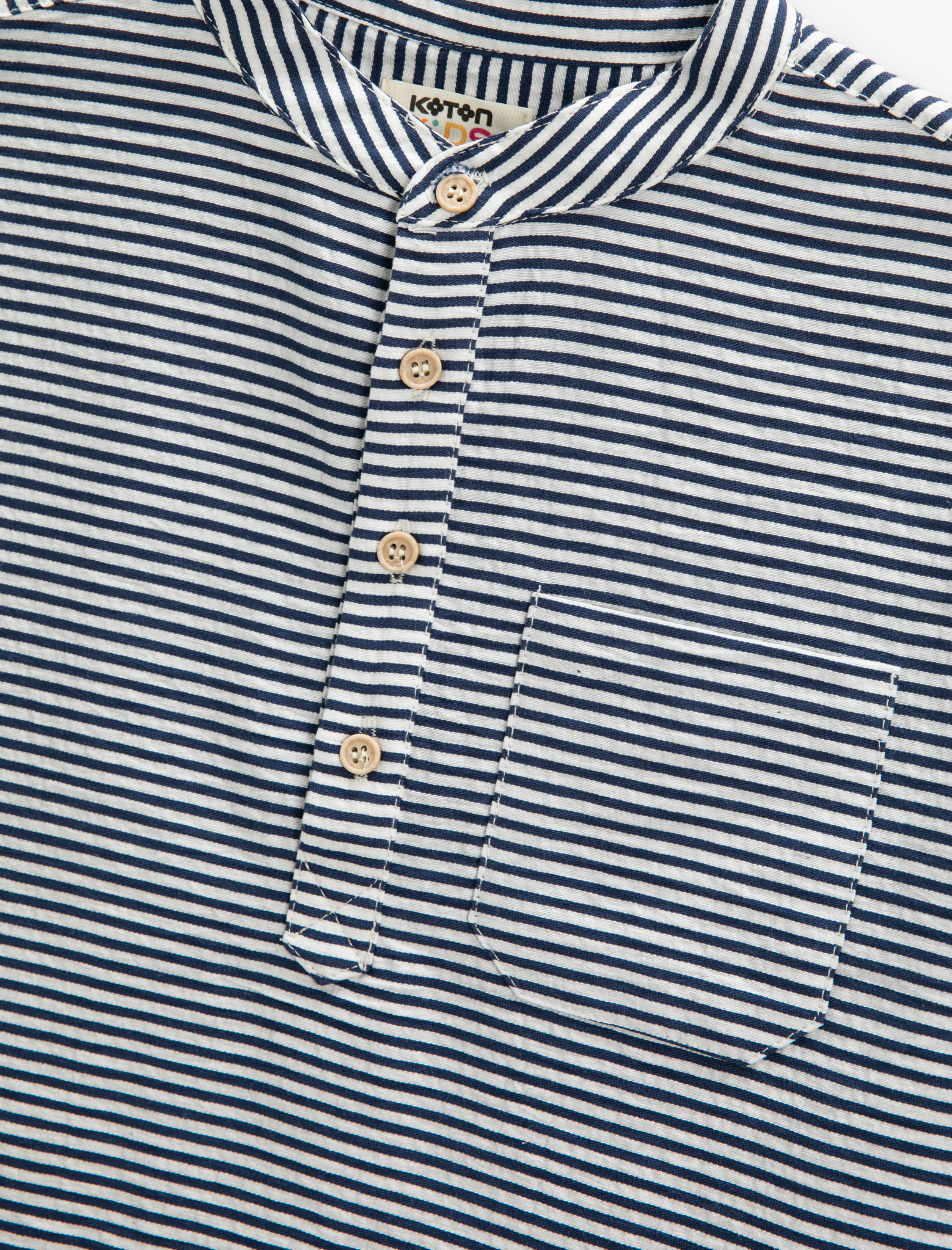 Erkek Çocuk Mandarin Yaka Tişört Kısa Kollu Düğmeli Tek Cepli Çizgili Pamuklu