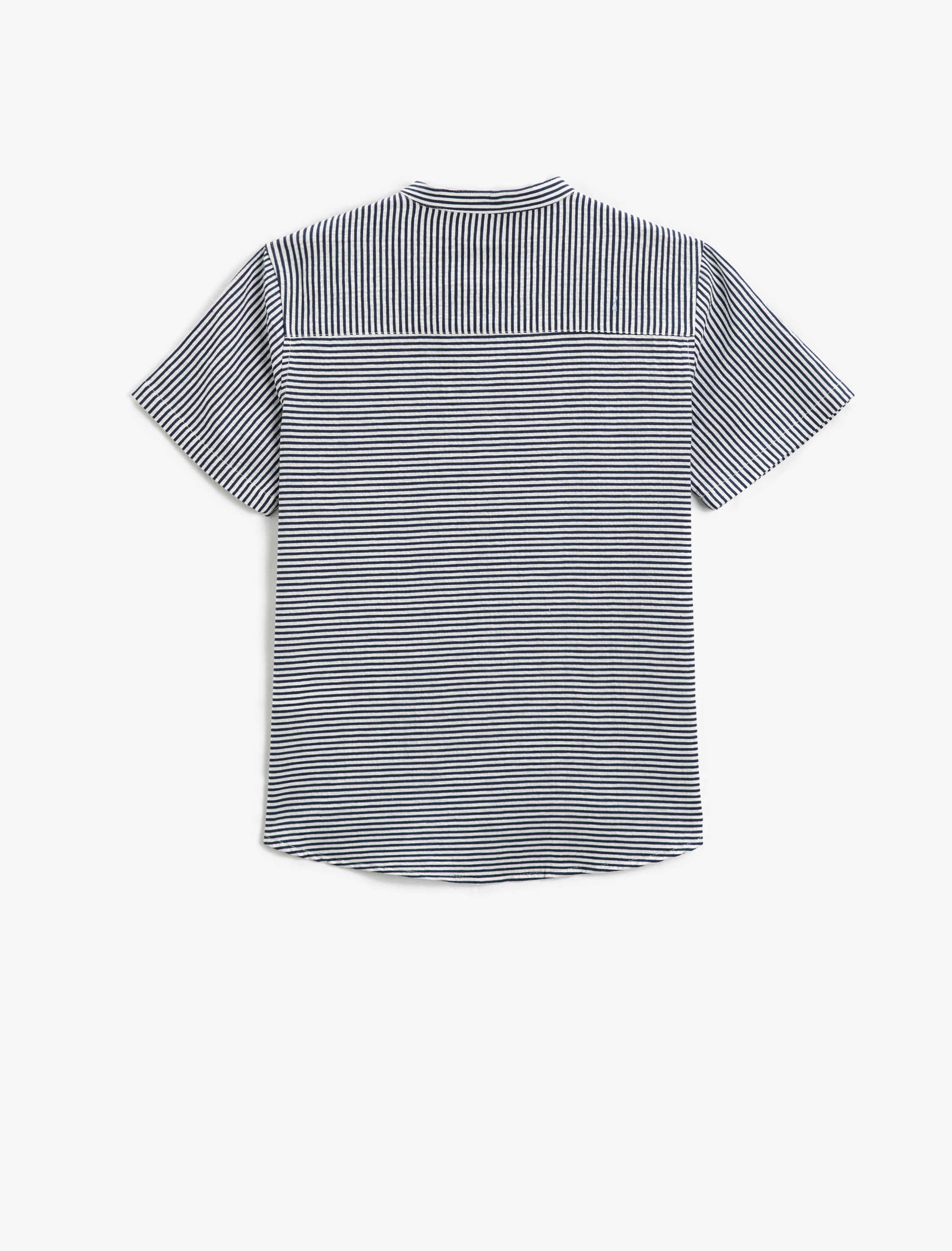 Erkek Çocuk Mandarin Yaka Tişört Kısa Kollu Düğmeli Tek Cepli Çizgili Pamuklu