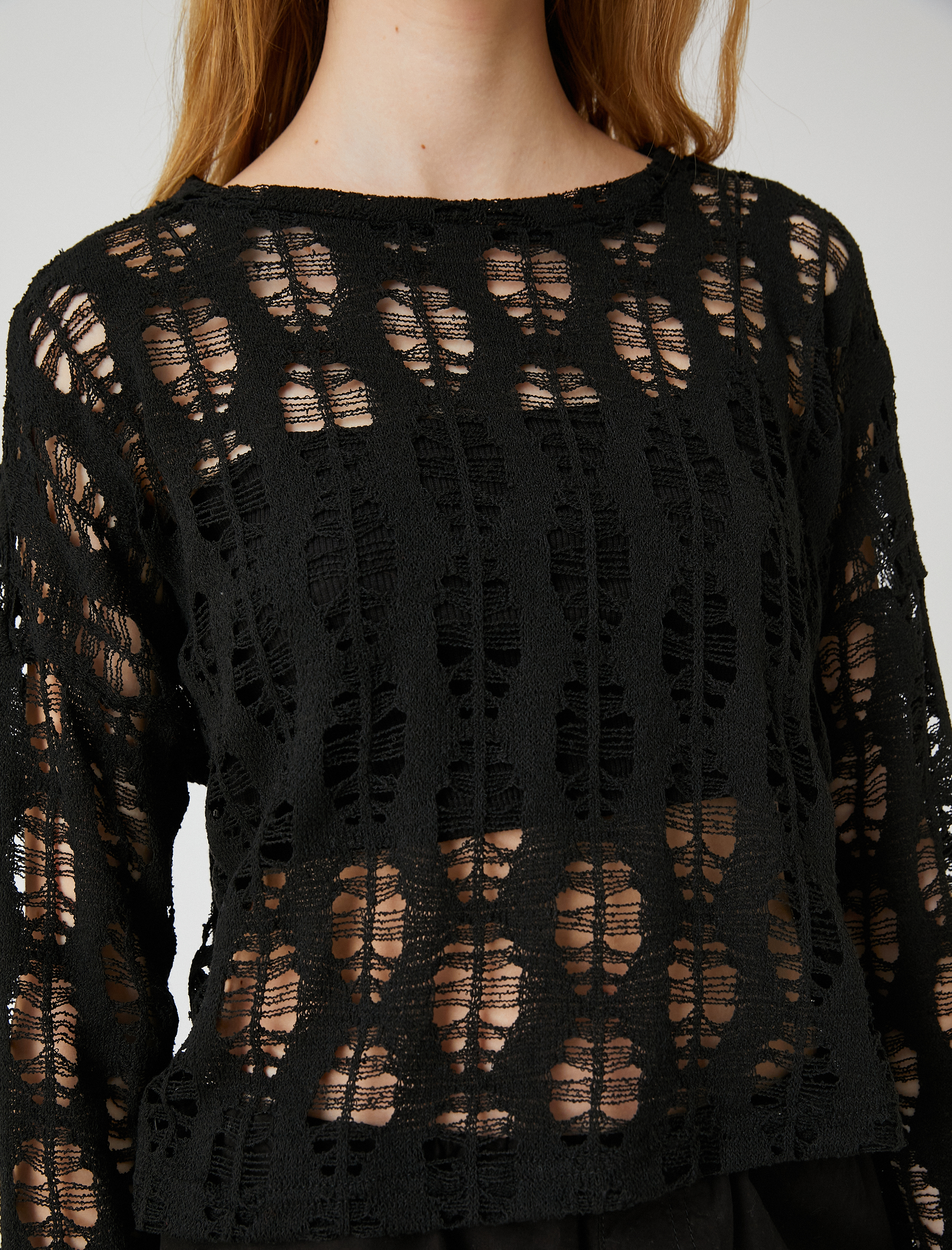   Uzun Kollu Tişört File Ajurlu Bisiklet Yaka