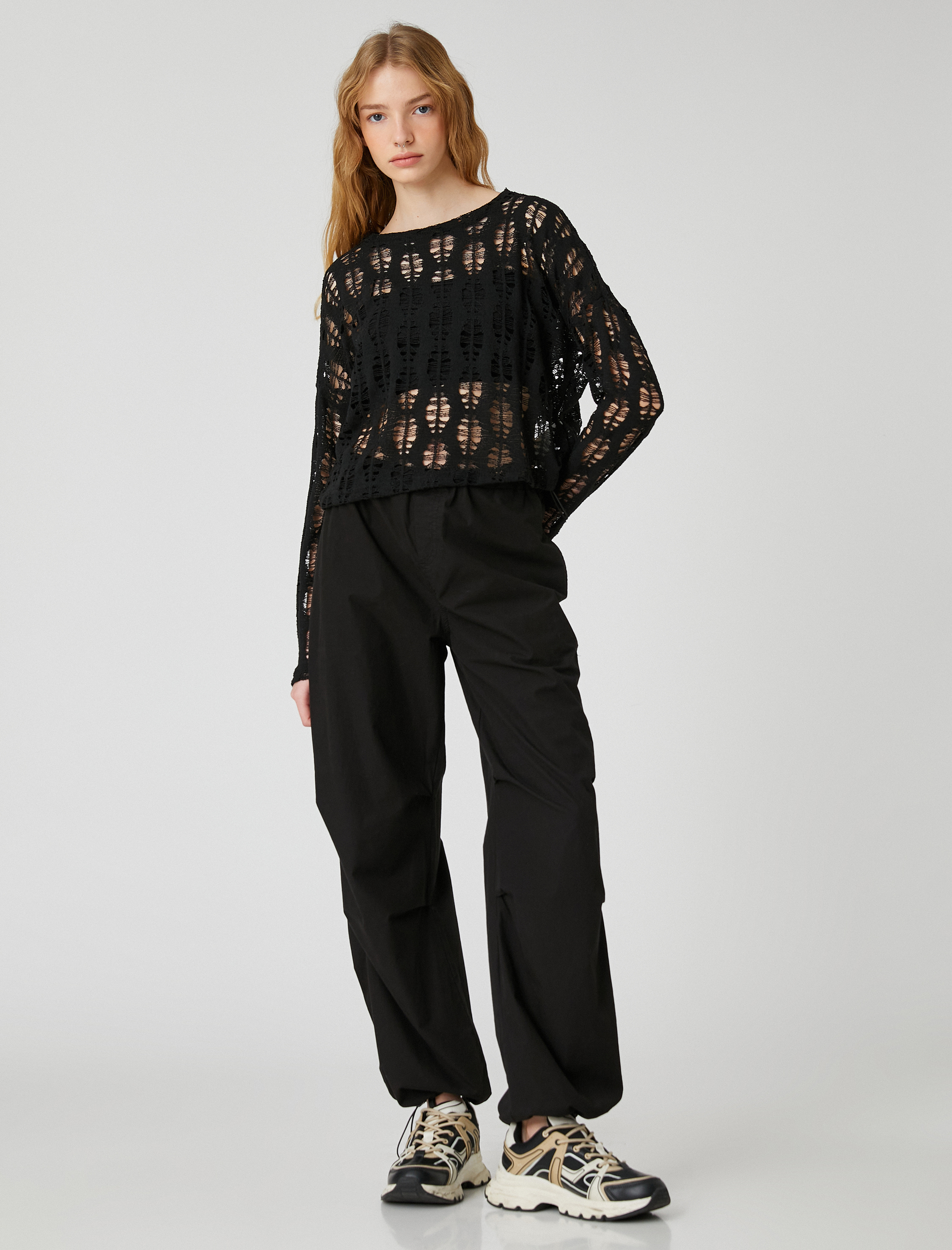   Uzun Kollu Tişört File Ajurlu Bisiklet Yaka