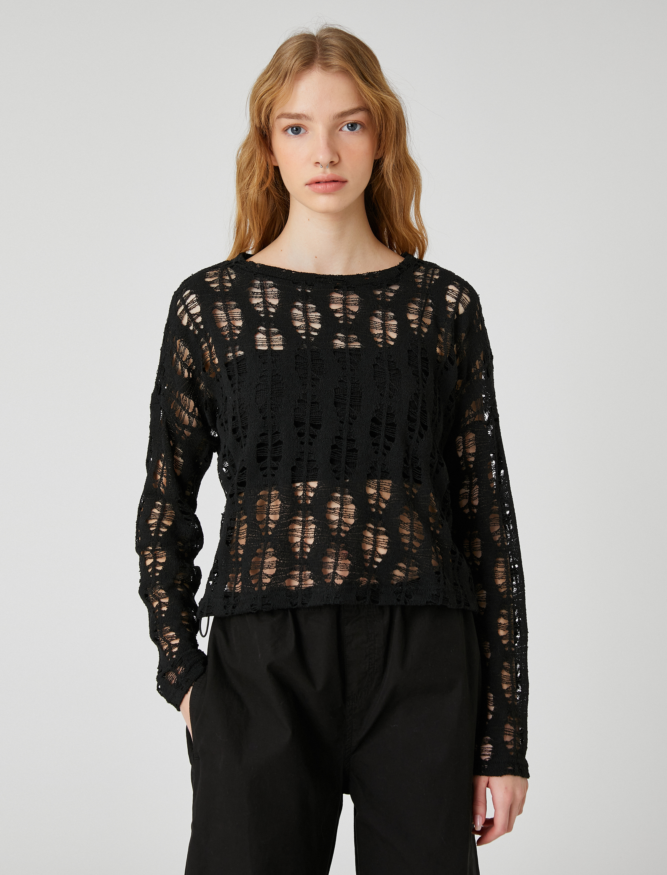   Uzun Kollu Tişört File Ajurlu Bisiklet Yaka