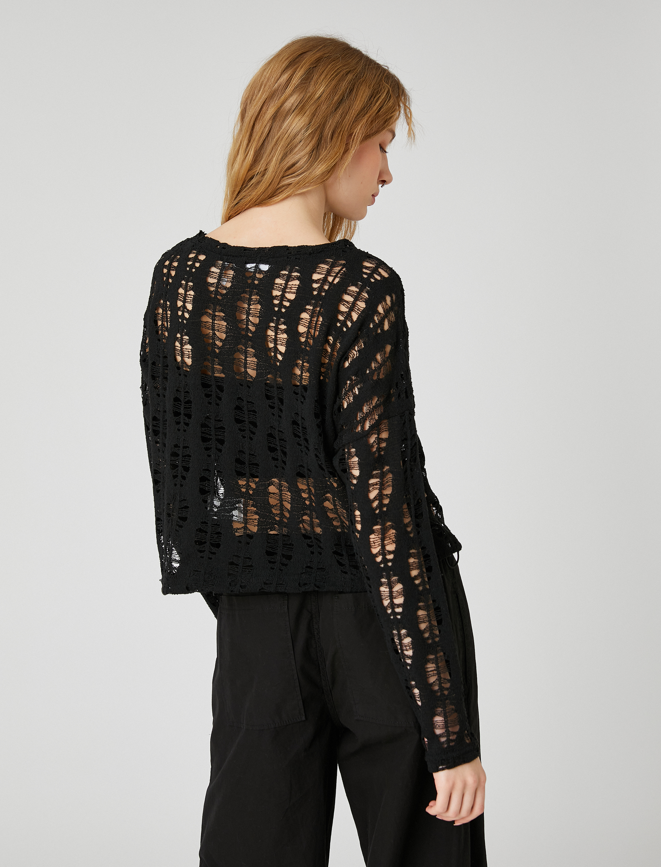   Uzun Kollu Tişört File Ajurlu Bisiklet Yaka