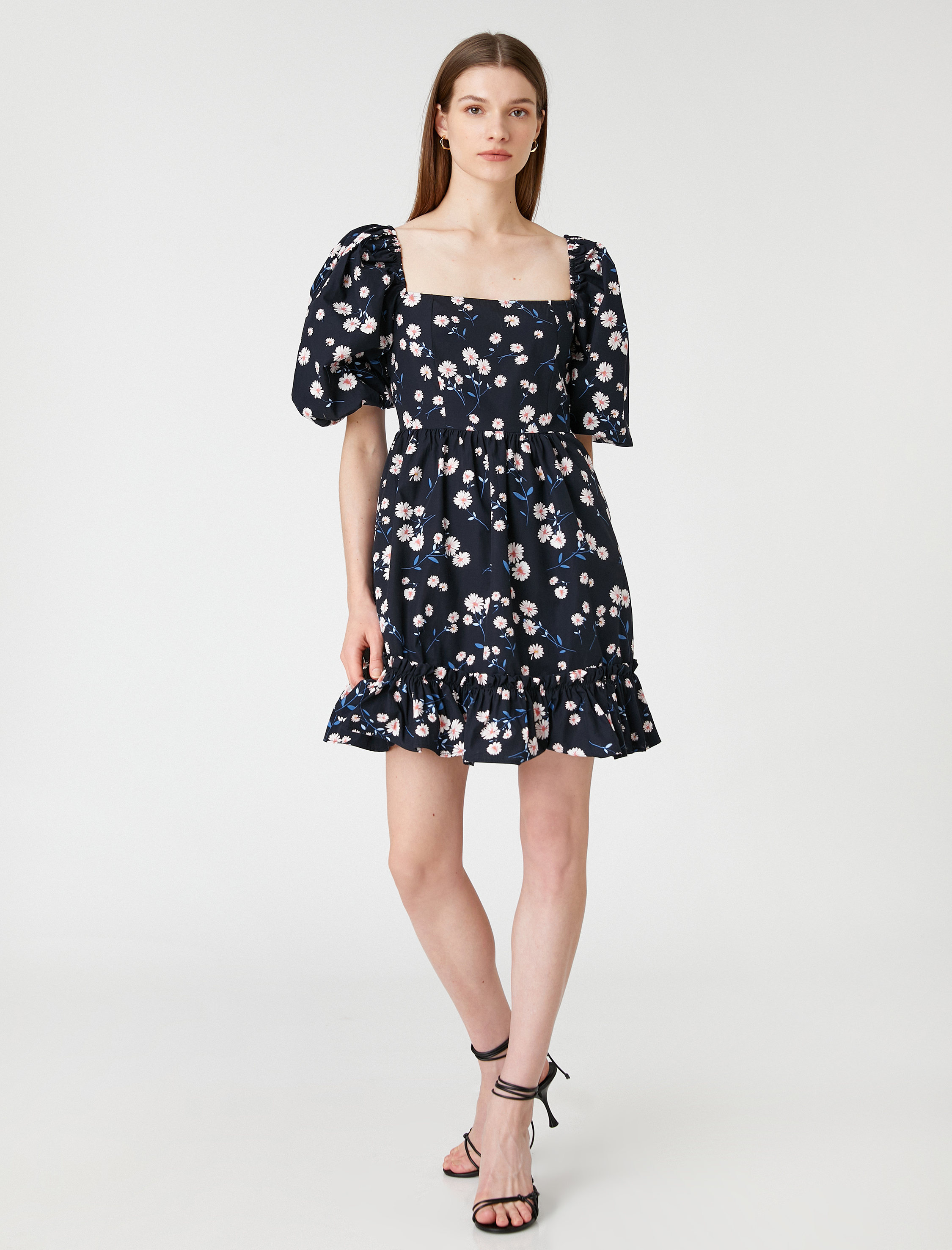   Çiçekli Mini Viskon Elbise Kare Yaka Kısa Balon Kollu