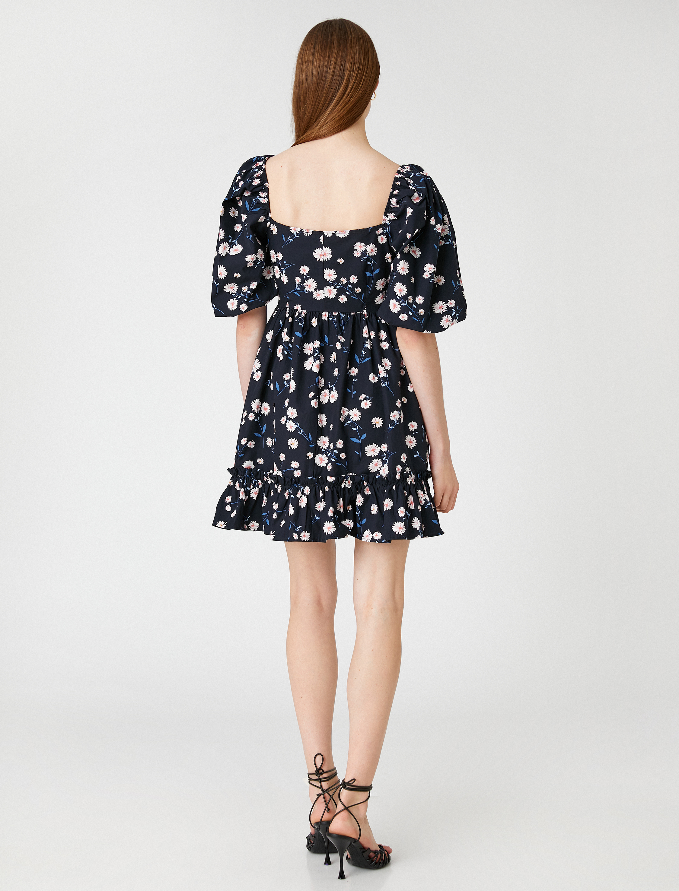   Çiçekli Mini Viskon Elbise Kare Yaka Kısa Balon Kollu