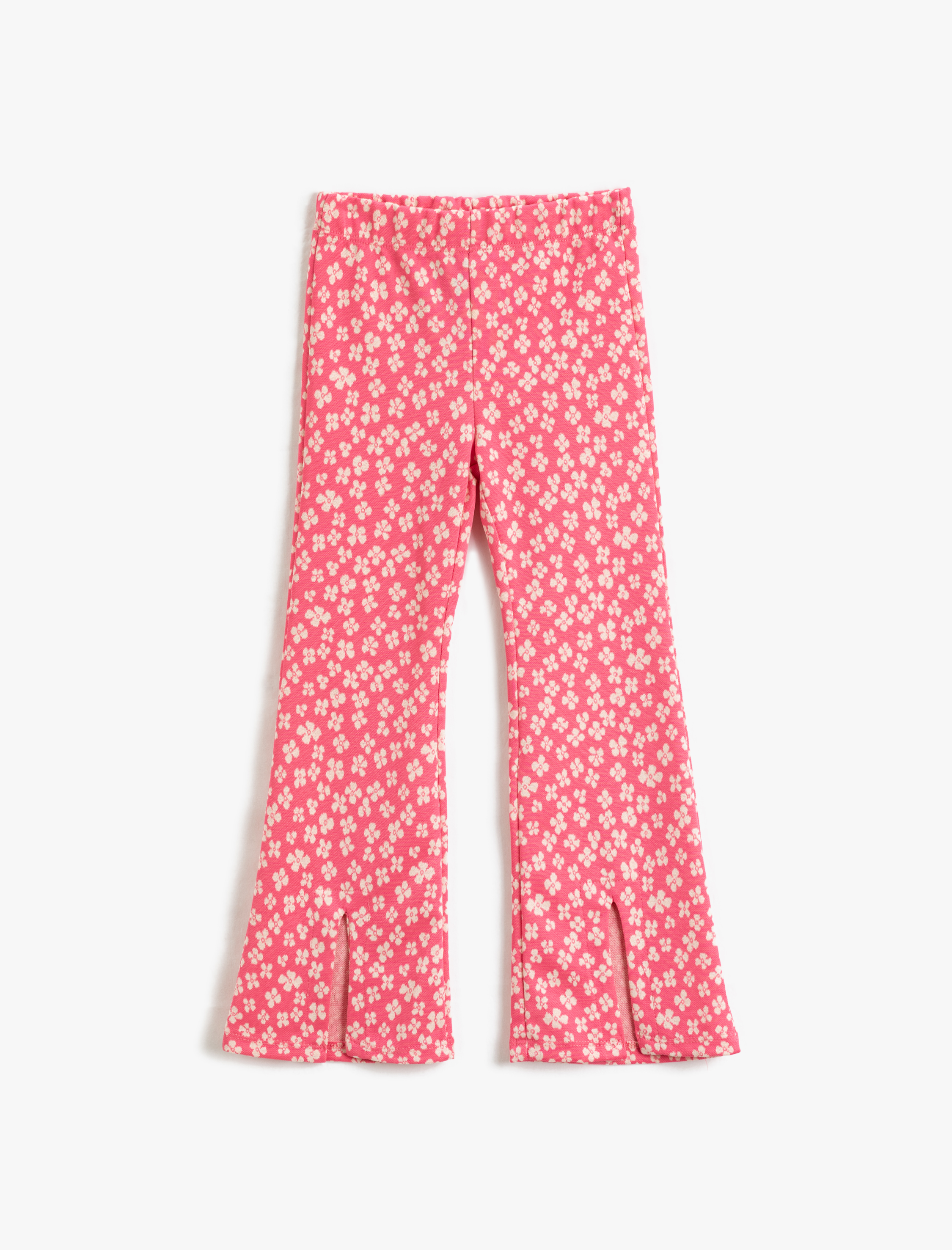  Kız Çocuk Çiçekli İspanyol Paça Tayt Pantolon Yırtmaç Detaylı Beli Lastikli