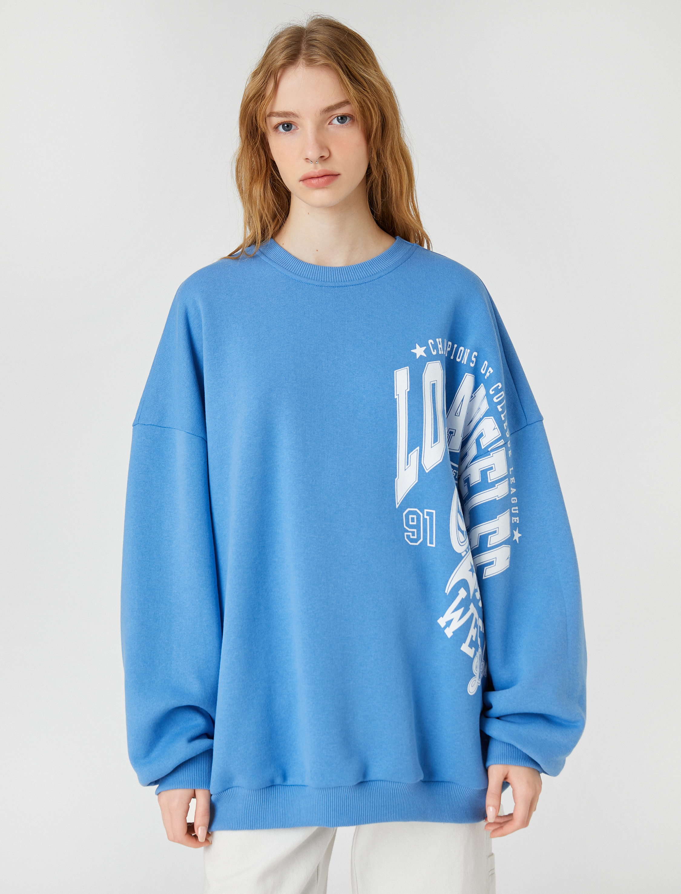   Şardonlu Bisiklet Yaka Sweatshirt Uzun Kollu Baskılı Rahat Kesim