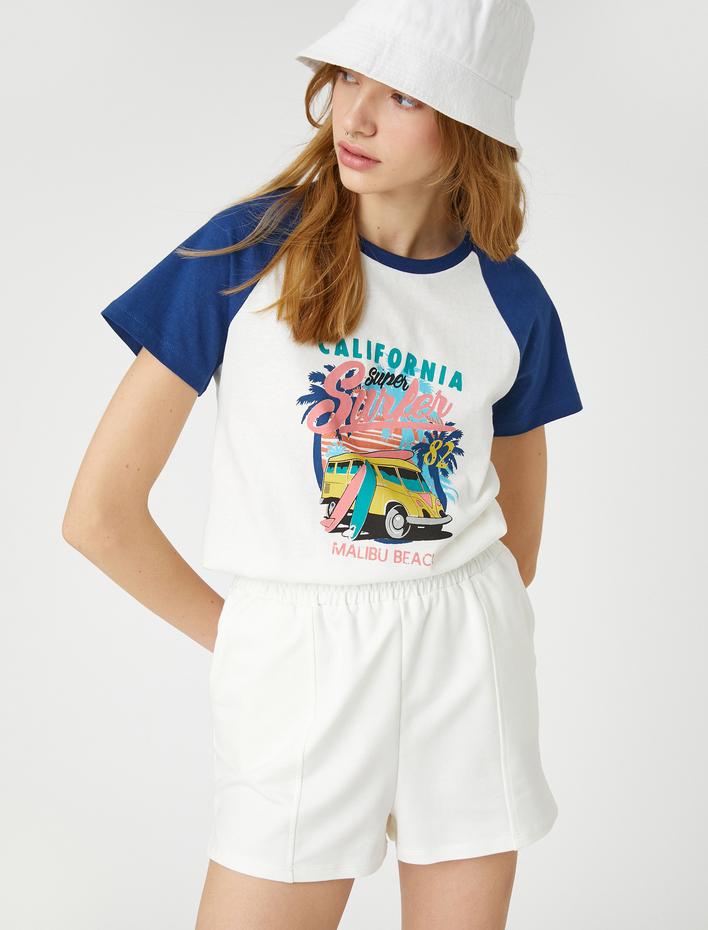  Reglan Kol Tişört Rahat Kesim Bisiklet Yaka Baskılı