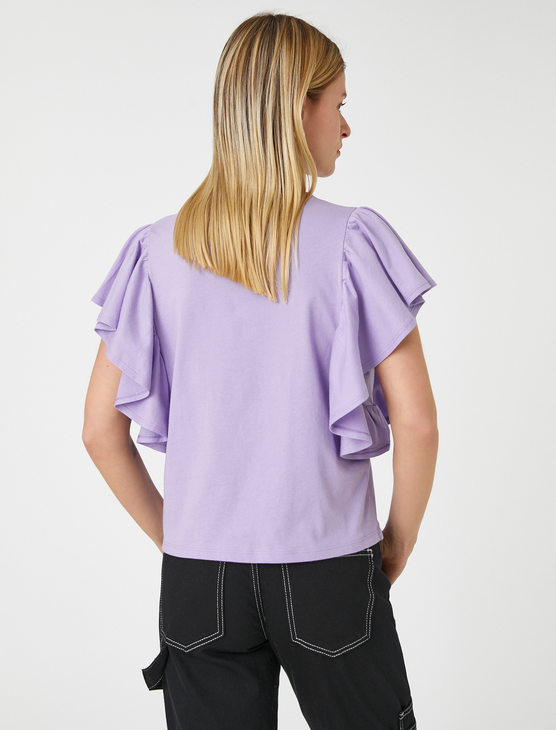   Kolları Volanlı Tişört Bisiklet Yaka Pamuklu