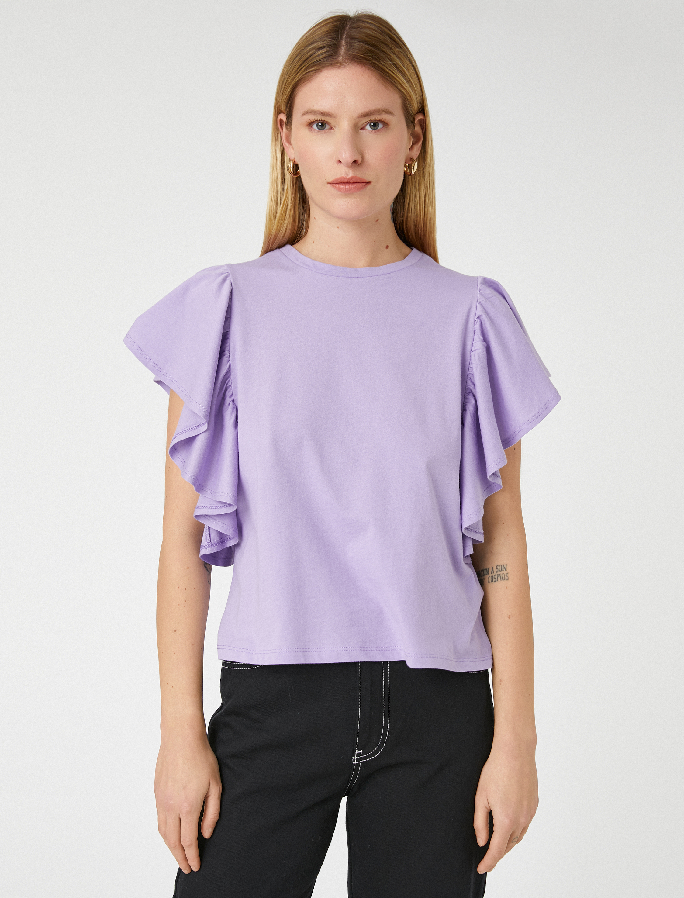   Kolları Volanlı Tişört Bisiklet Yaka Pamuklu