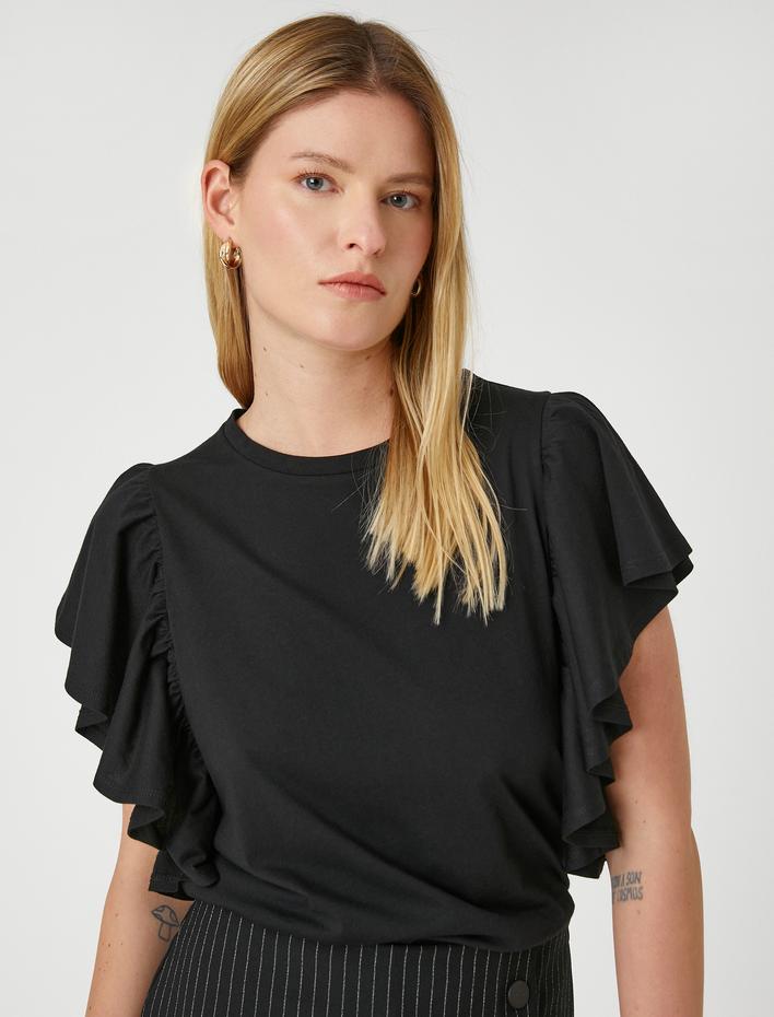  Kolları Volanlı Tişört Bisiklet Yaka Pamuklu