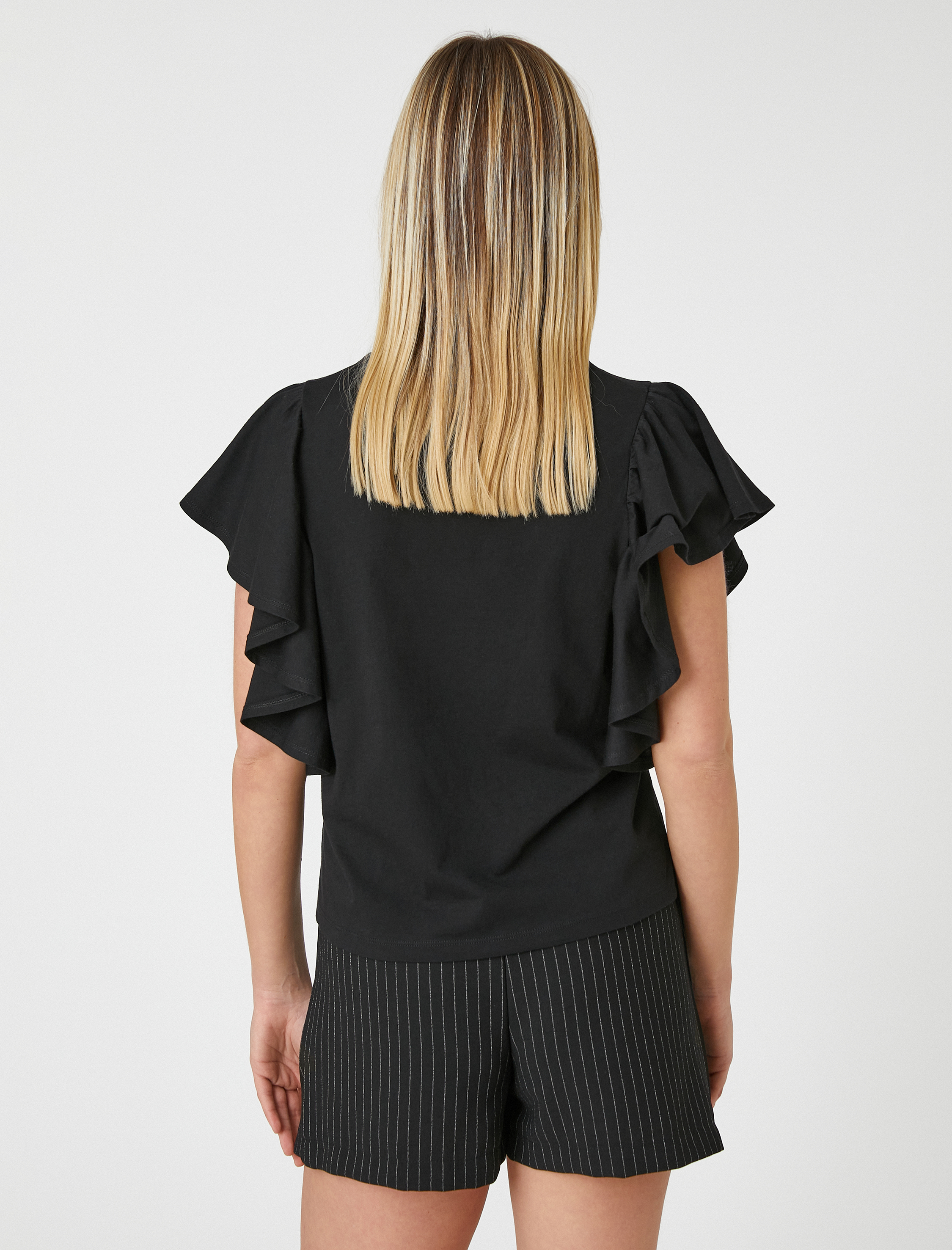   Kolları Volanlı Tişört Bisiklet Yaka Pamuklu