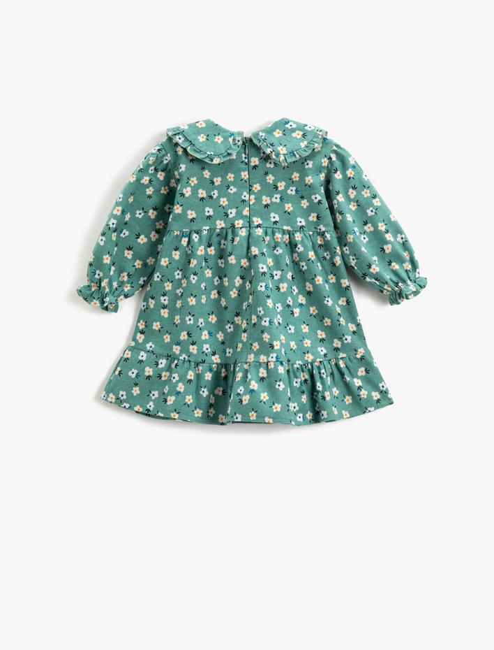 Kız Bebek Elbise Bebe Yaka Çiçekli Uzun Kollu Kalın Katlı Pamuklu