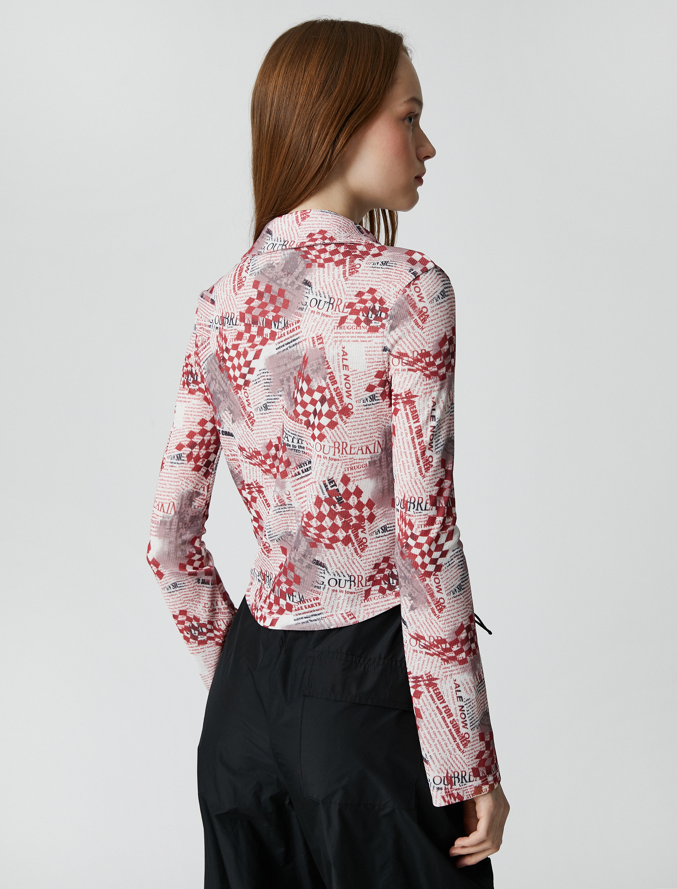   Uzun Kollu Tişört Gömlek Yaka Desenli Düğmeli