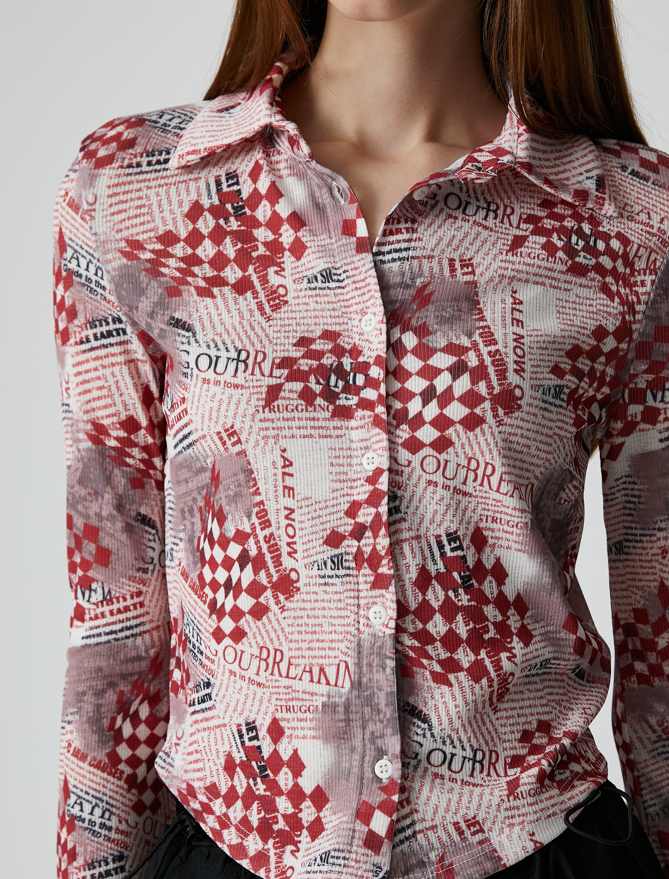   Uzun Kollu Tişört Gömlek Yaka Desenli Düğmeli