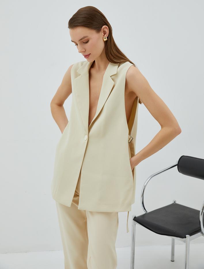  Blazer Yelek Tek Düğmeli Arkası Kuşaklı