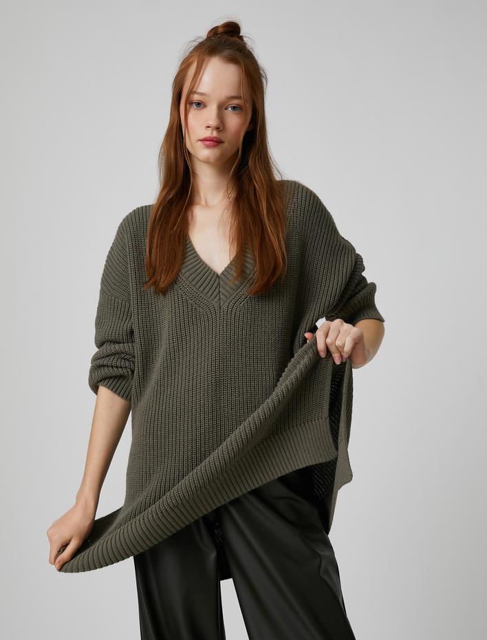  Oversize Triko Kazak V Yaka Uzun Kollu