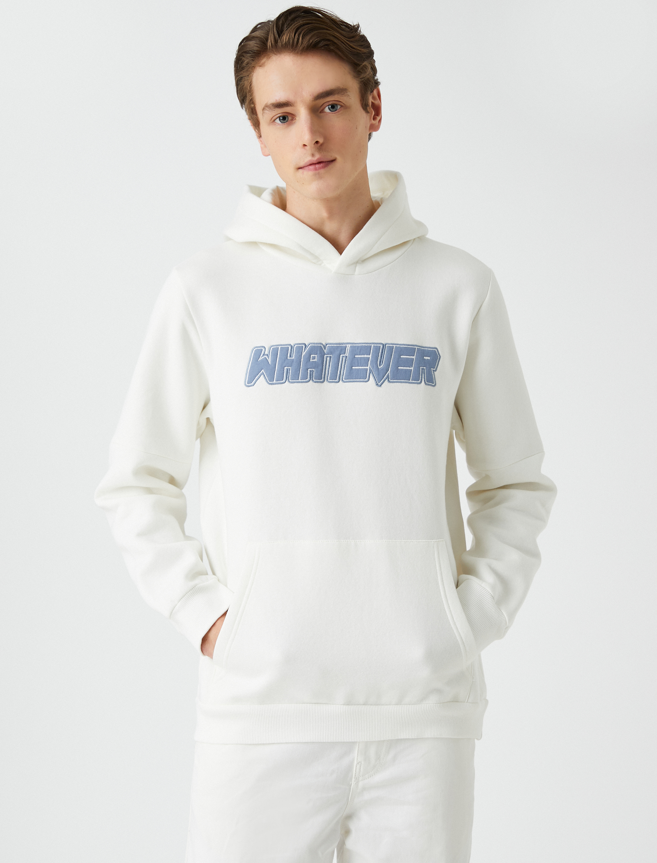   Kapşonlu Oversize Sweatshirt Slogan İşlemeli Cep Detaylı Şardonlu
