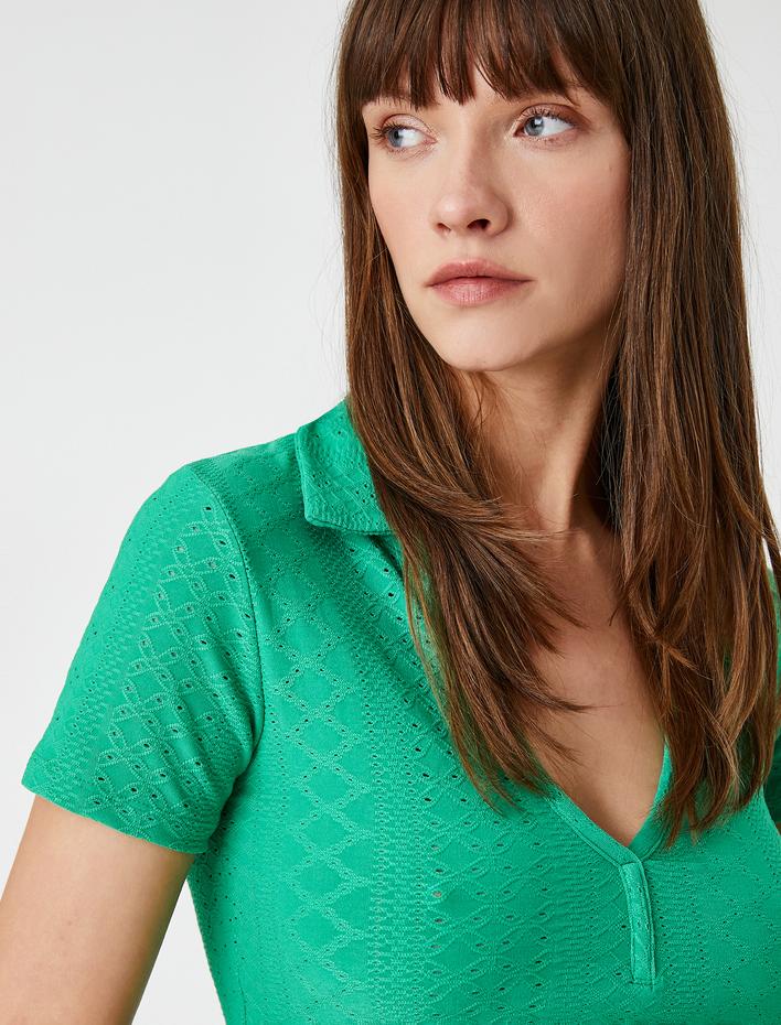  Polo Yaka Crop Tişört Uzun Kollu