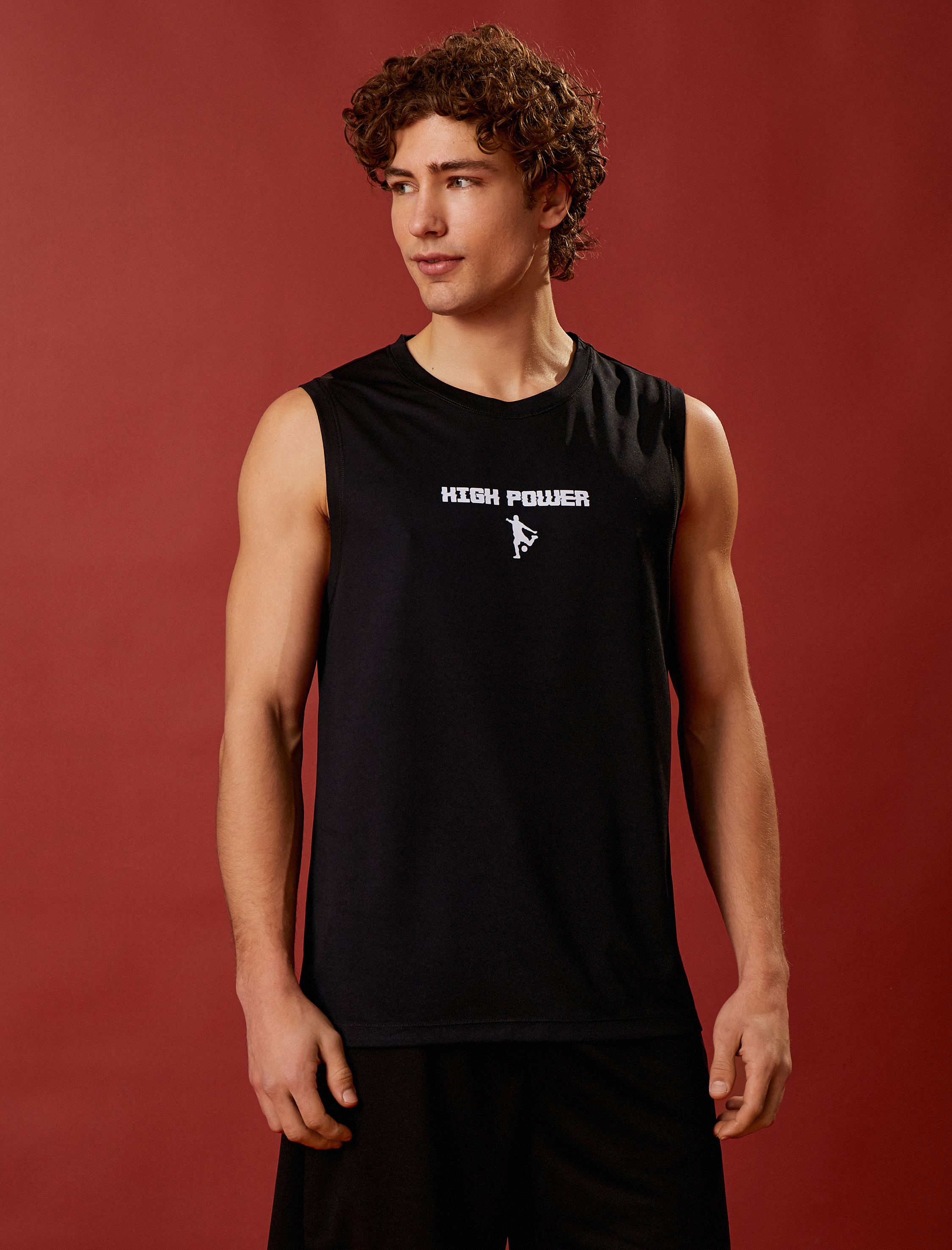   Sporcu Atleti Slogan Baskılı Bisiklet Yaka Nefes Alan Kumaş