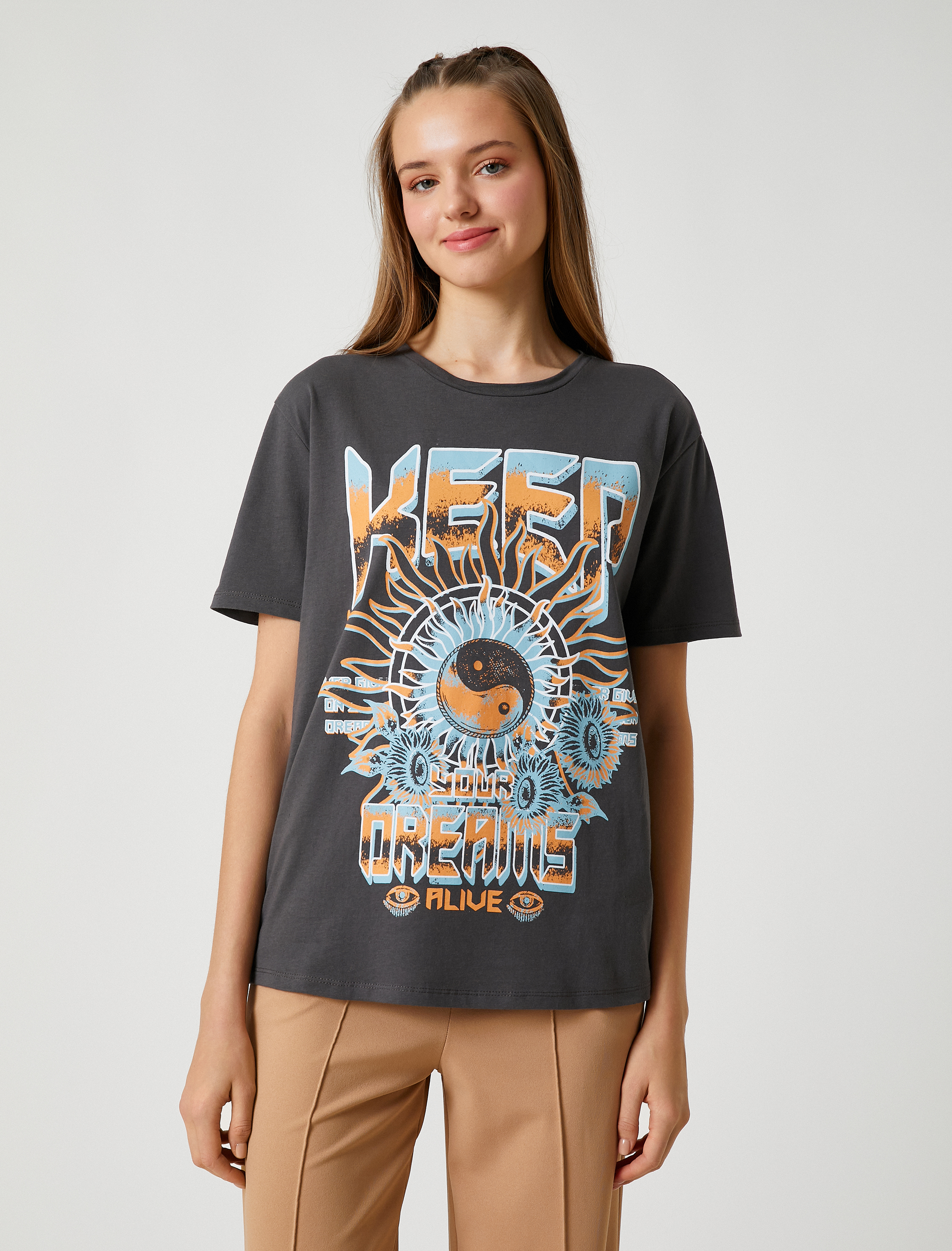   Oversize Tişört Slogan Baskılı Bisiklet Yaka Kısa Kollu