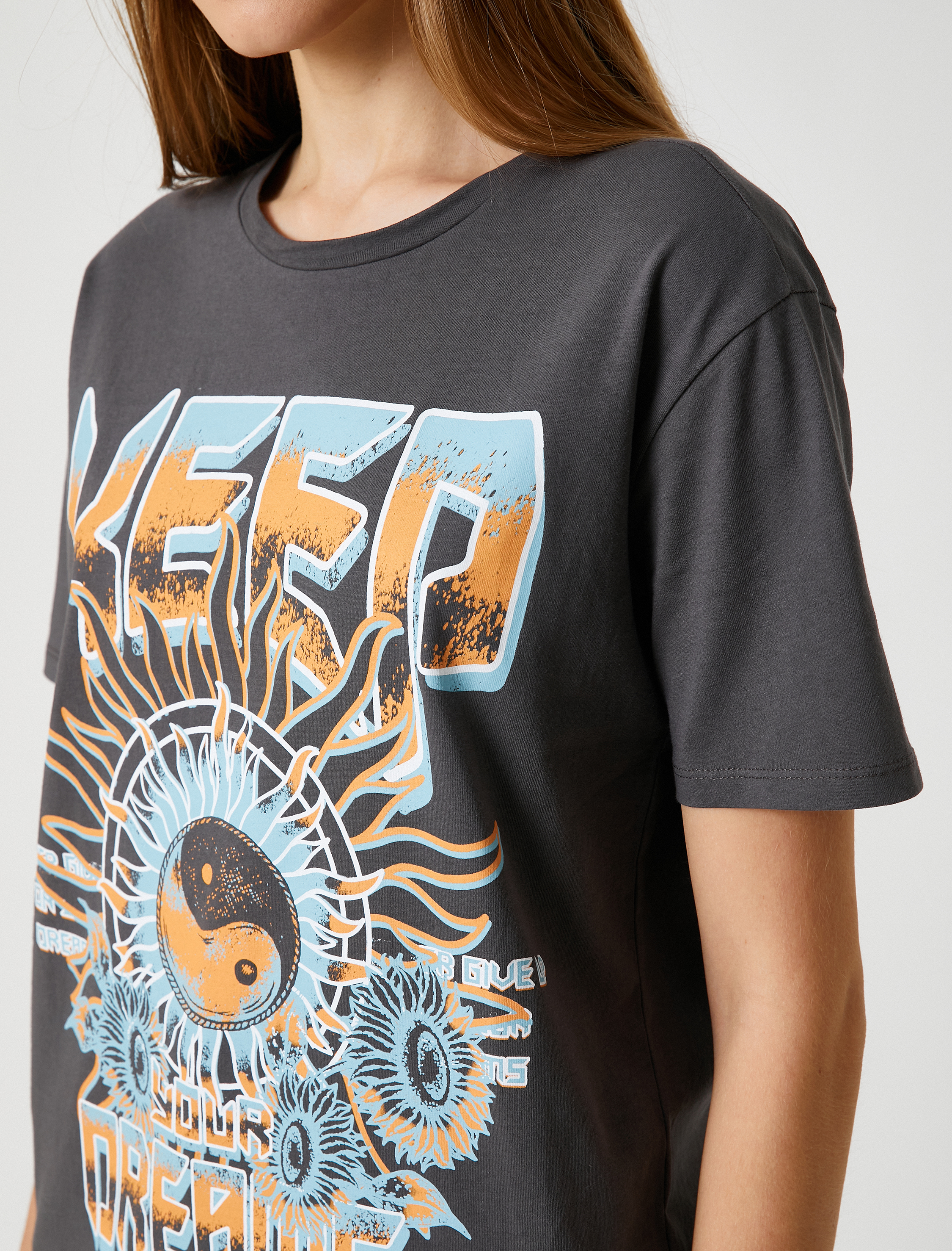   Oversize Tişört Slogan Baskılı Bisiklet Yaka Kısa Kollu