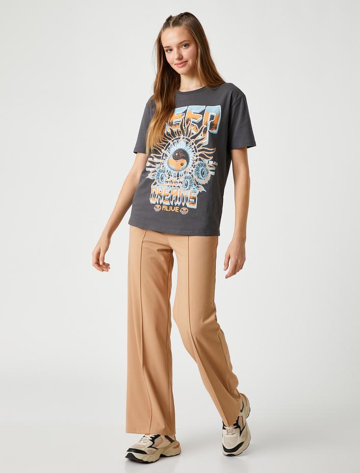  Oversize Tişört Slogan Baskılı Bisiklet Yaka Kısa Kollu