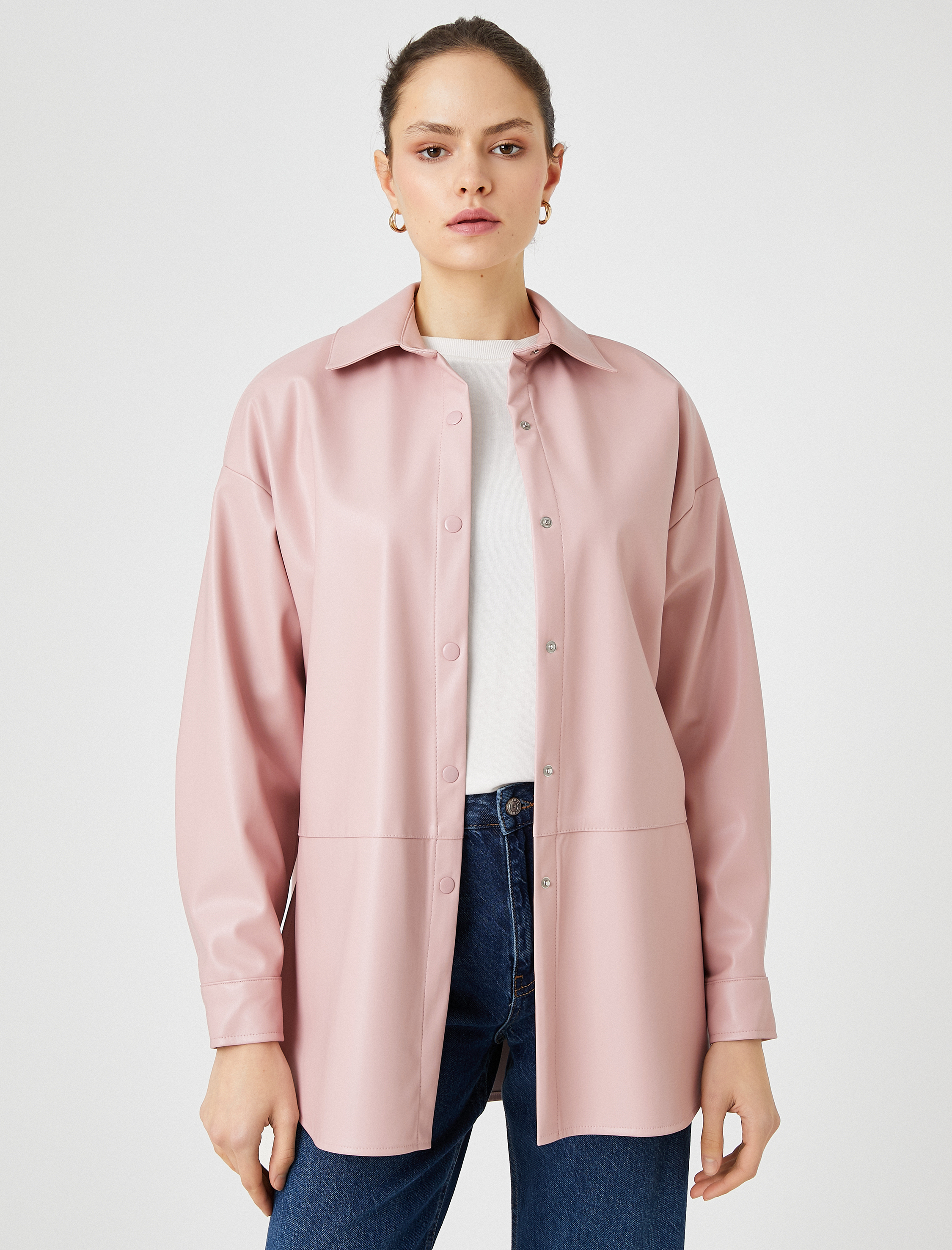   Suni Deri Gömlek Ceket Çıtçıtlı Yırtmaç Detaylı