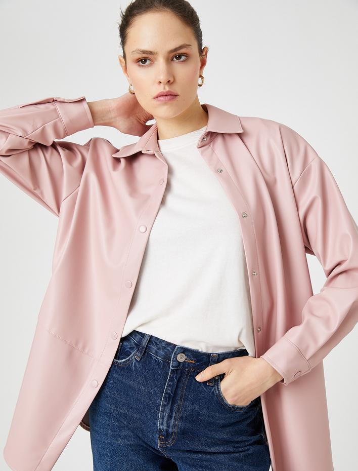  Suni Deri Gömlek Ceket Çıtçıtlı Yırtmaç Detaylı