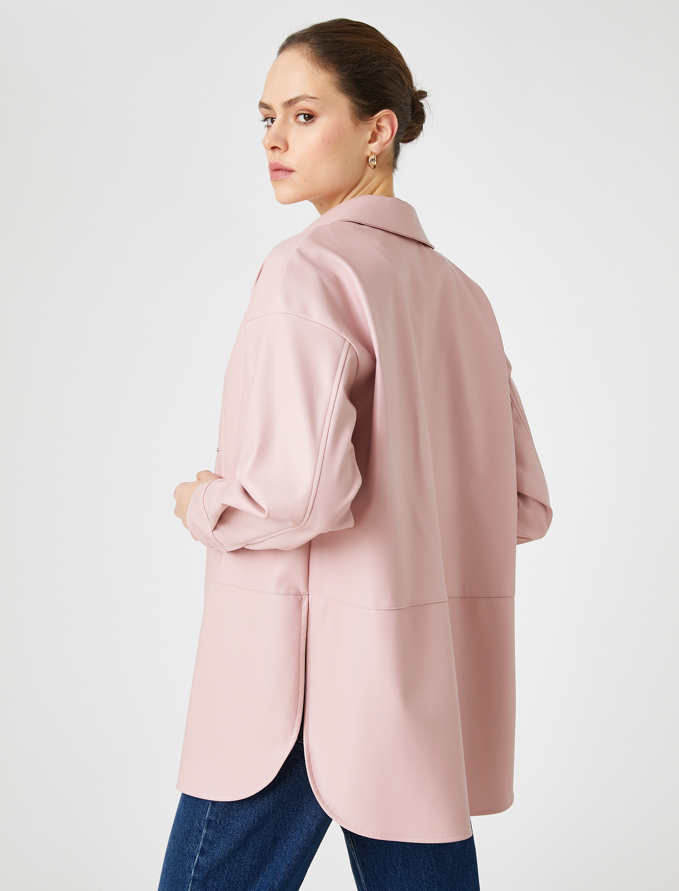   Suni Deri Gömlek Ceket Çıtçıtlı Yırtmaç Detaylı