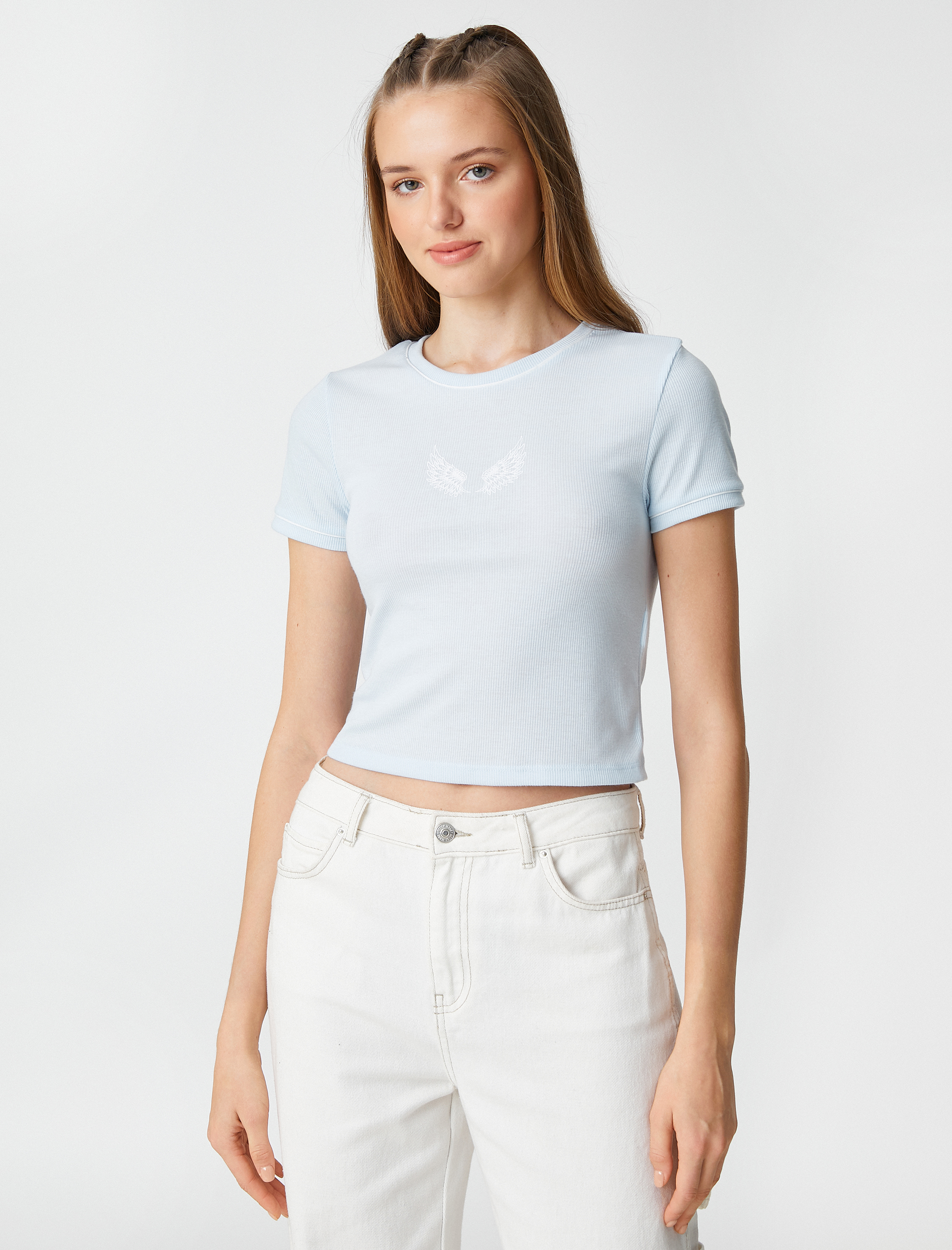   Crop Tişört Baskılı Bisiklet Yaka Kısa Kollu Fitilli