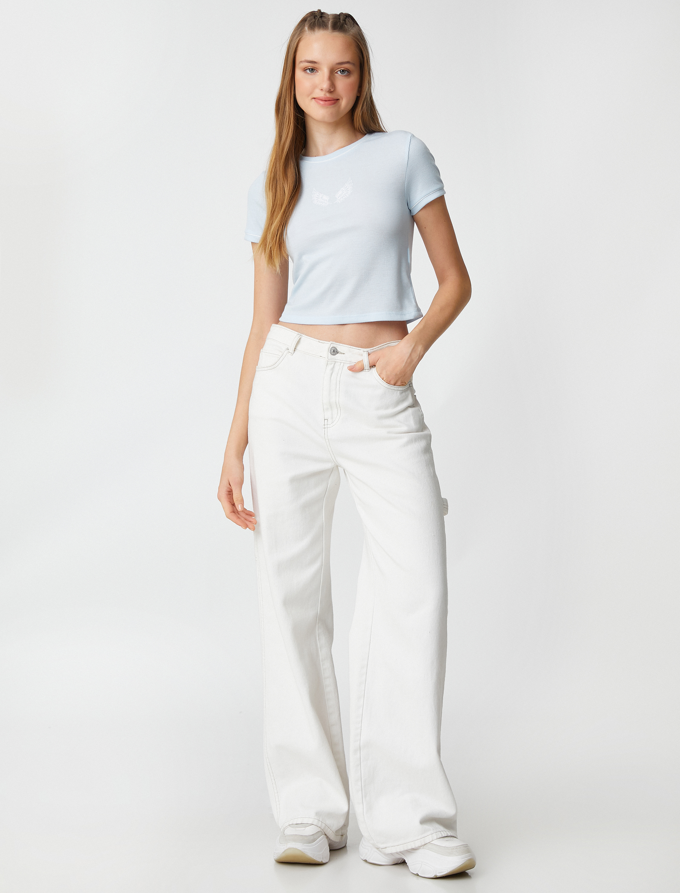   Crop Tişört Baskılı Bisiklet Yaka Kısa Kollu Fitilli