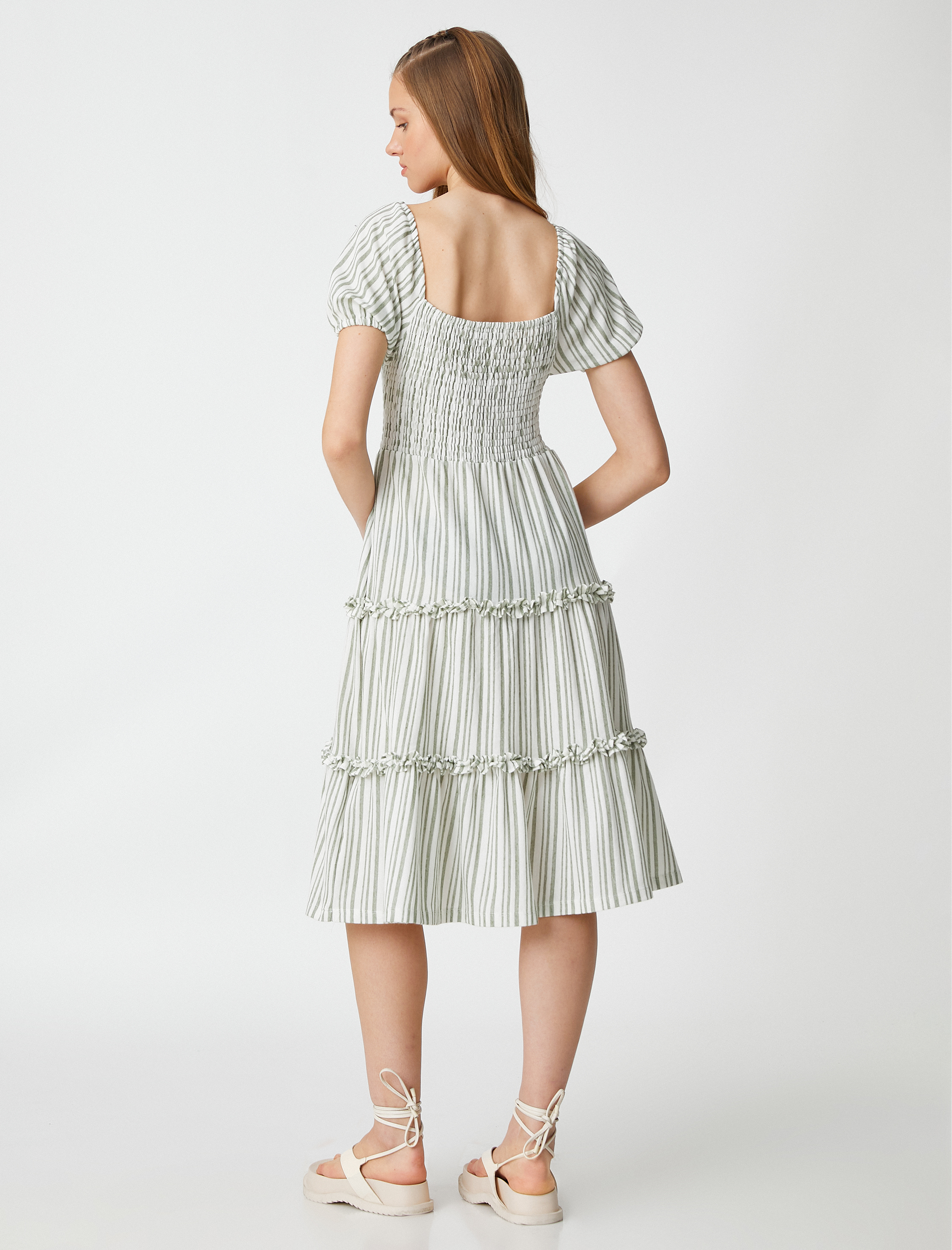   Midi Elbise Kare Yaka Gipeli Balon Kollu Fırfırlı