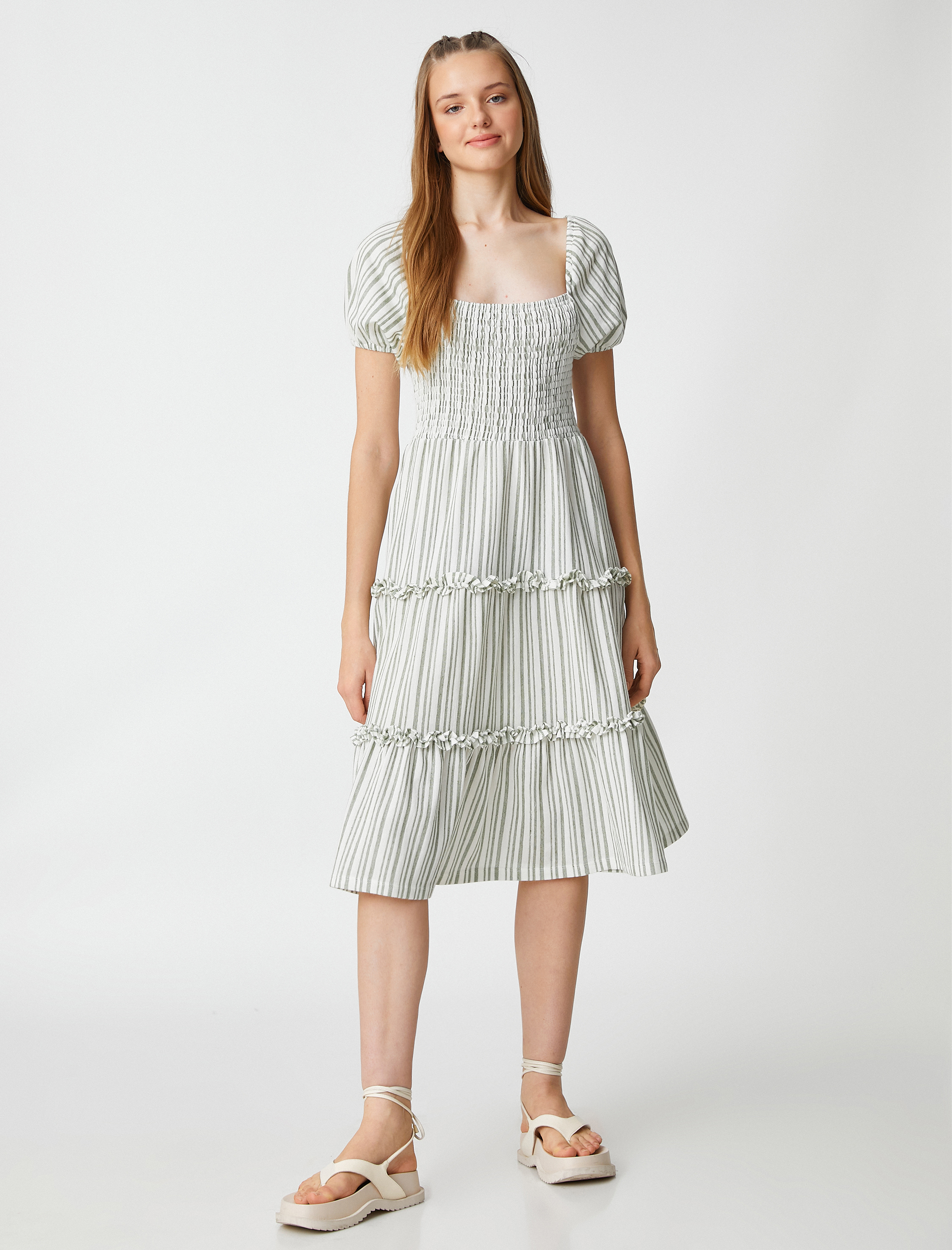   Midi Elbise Kare Yaka Gipeli Balon Kollu Fırfırlı