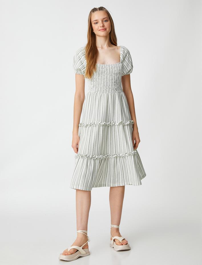  Midi Elbise Kare Yaka Gipeli Balon Kollu Fırfırlı