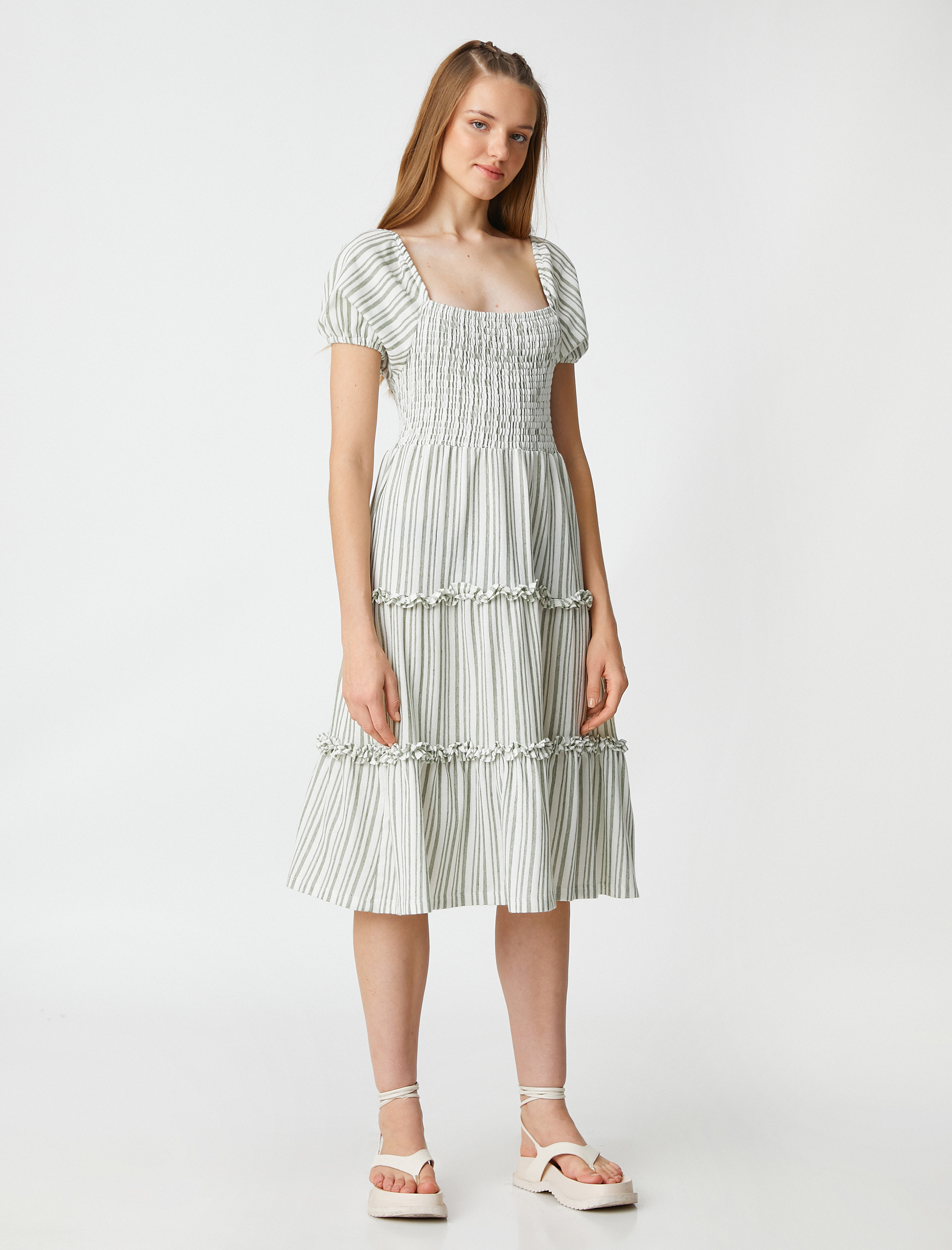   Midi Elbise Kare Yaka Gipeli Balon Kollu Fırfırlı