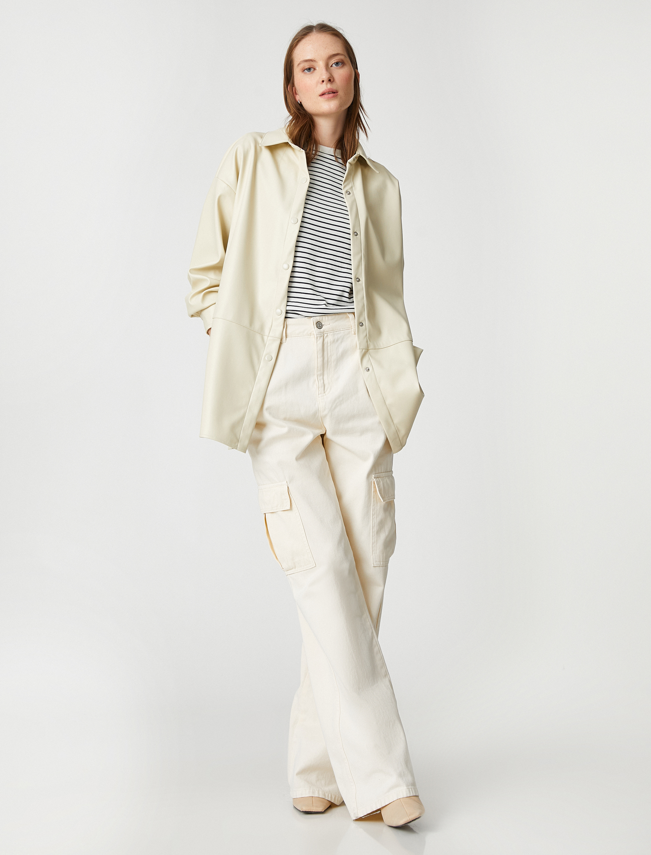   Suni Deri Gömlek Ceket Çıtçıtlı Yırtmaç Detaylı