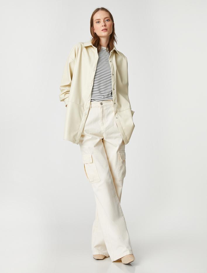  Suni Deri Gömlek Ceket Çıtçıtlı Yırtmaç Detaylı